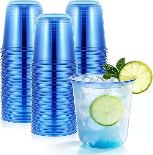 KesaPlan 50 Pcs Blue Plastic Cups, 12oz Disposable Stemless Wine Glasses for Cocktail Clear Wine Cups Cocktail Glasses Blue Party Cup for Wedding Birthday Meeting Christmas Party