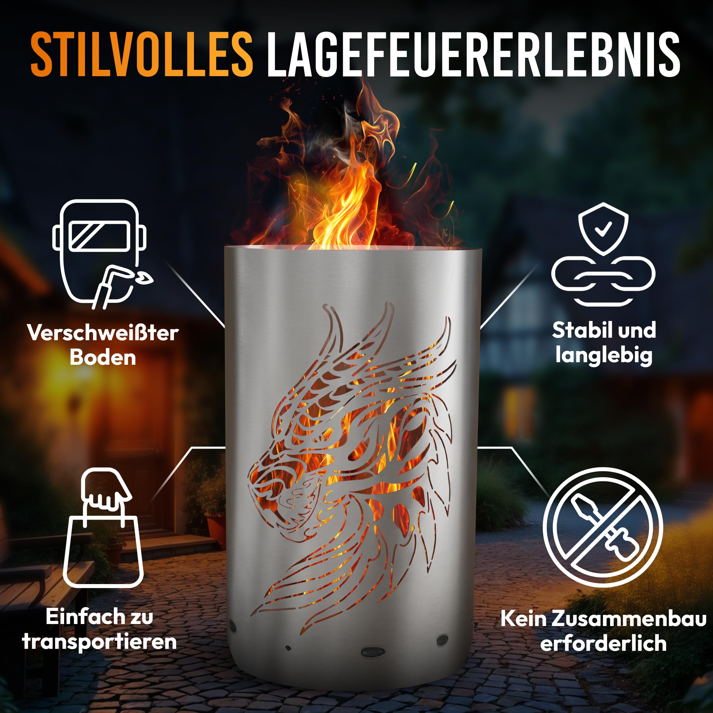 TiKo-Design® Feuertonne Feuerkorb mit Drachen Motiv