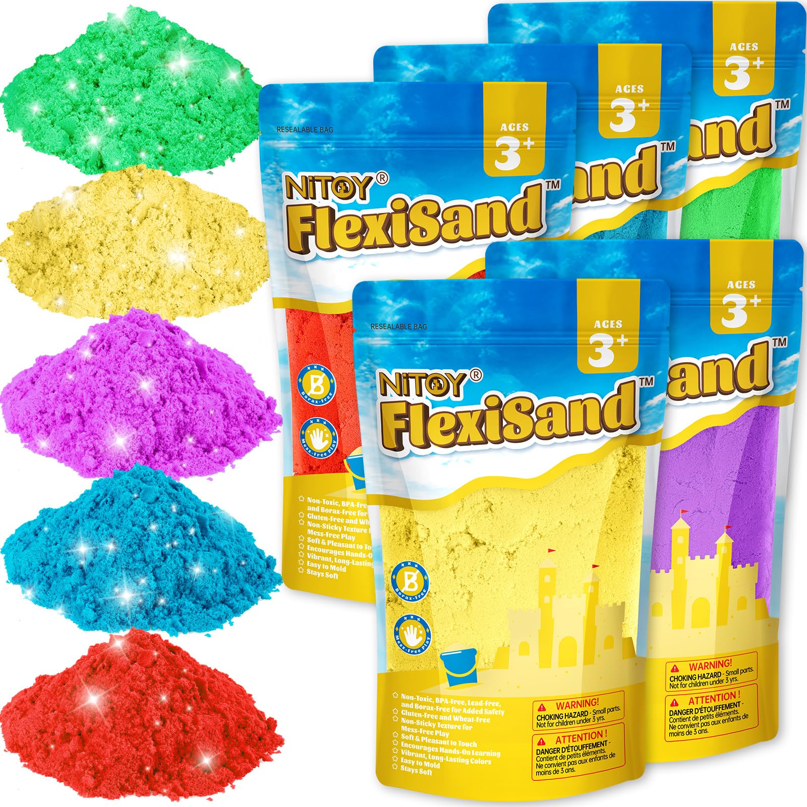 NiToy FlexiSand Value Pack 11lbs of 5 Colored Moldable Self-Sticking Sand,Never Dries Out - Fun for Kids Bulk Refill for Sensory Sand Box Toys,Ideal for Shaping,Squeezing,Scooping,Rolling and Molding