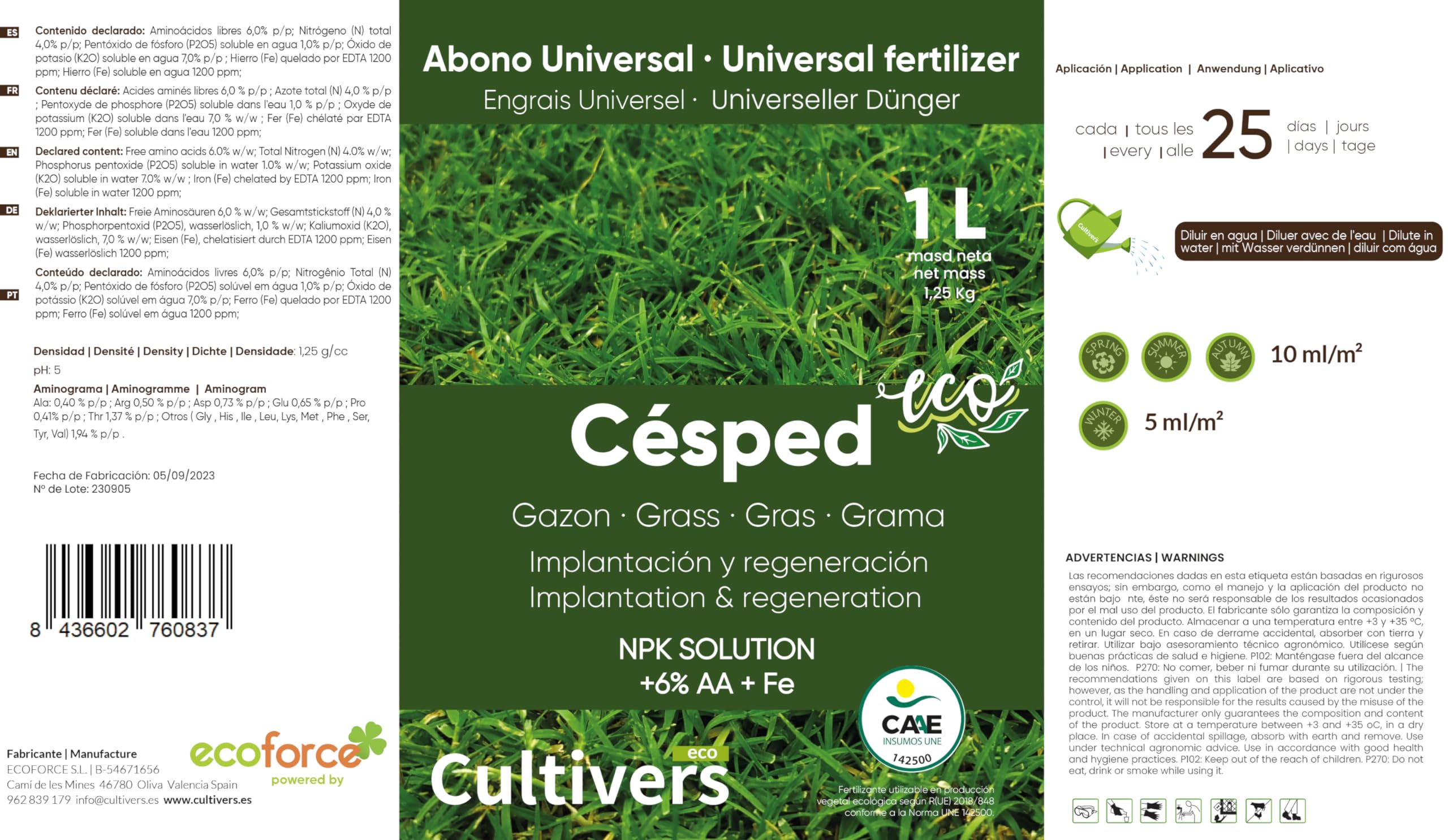 CULTIVERS Engrais Organique pour pelouse 10 L. Engrais Liquide avec micronutriments et acides aminés. Engrais 100% Biologique Pelouse Plus Verte, Plus Forte et Plus Dense. Ne Produit Pas de brûlures