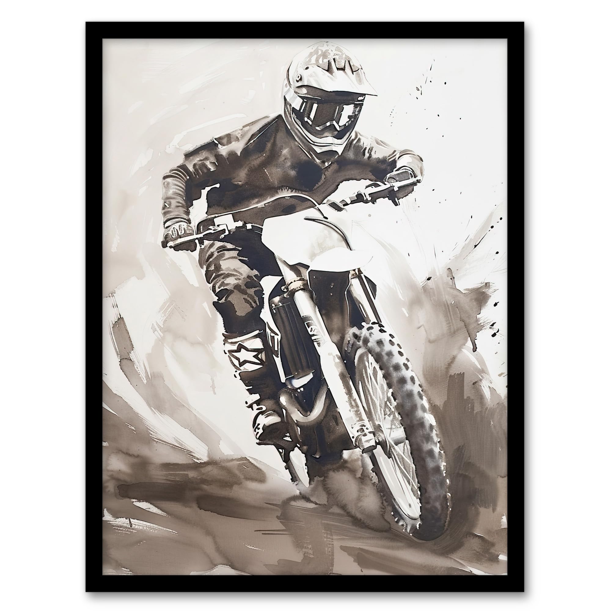 Artery8 Pro Motocross Race Racing Black White Watercolour Man Cave Artwork Framed Wall Art Print 18X24 Inch