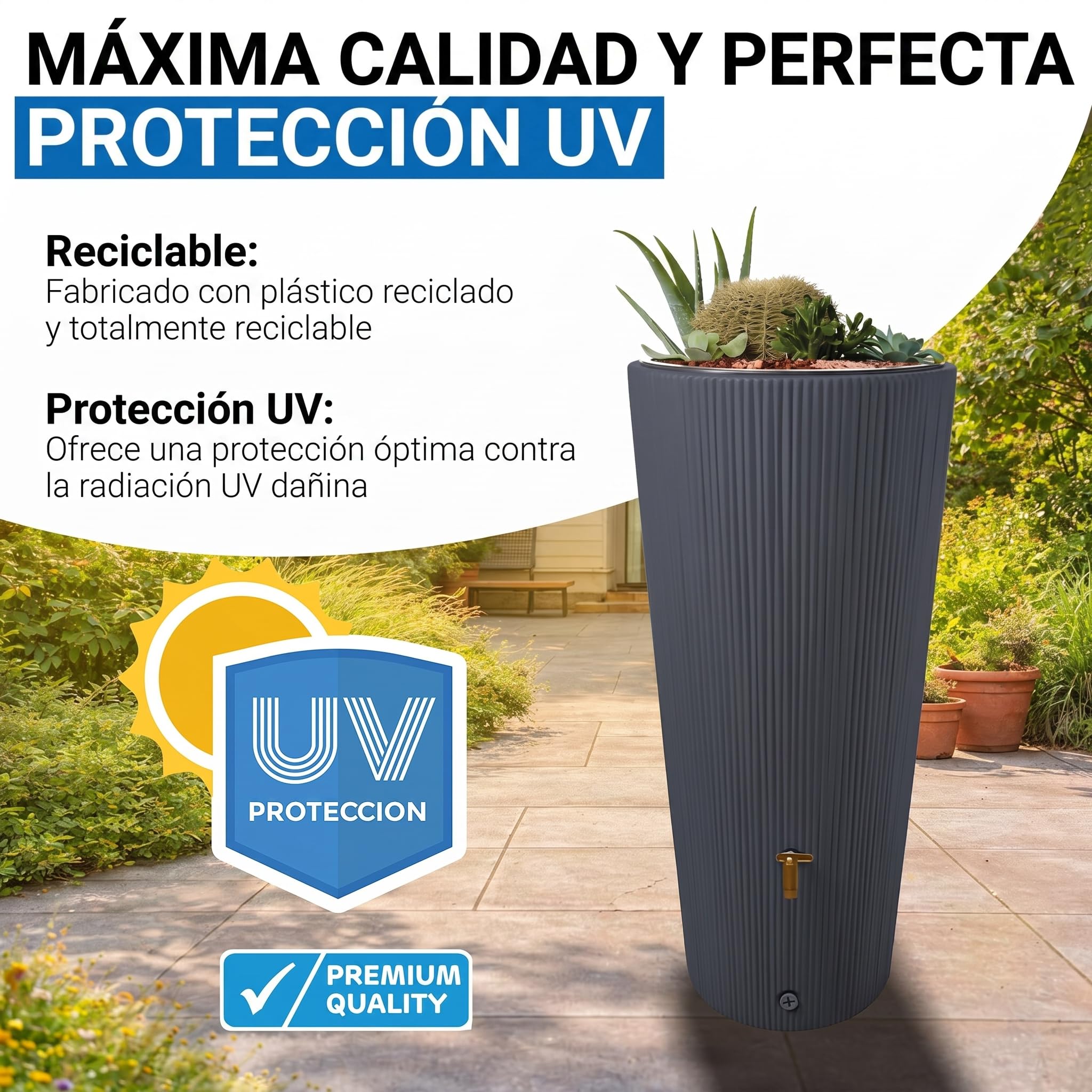 4rain Vaso 2en1 Decor depósito de Agua de Lluvia 220 L Graphite Grey Incl. Grifo de plástico y conexión al bajante - diseño Decorativo para jardín - Set Listo para conectar - Uso Exterior fiable