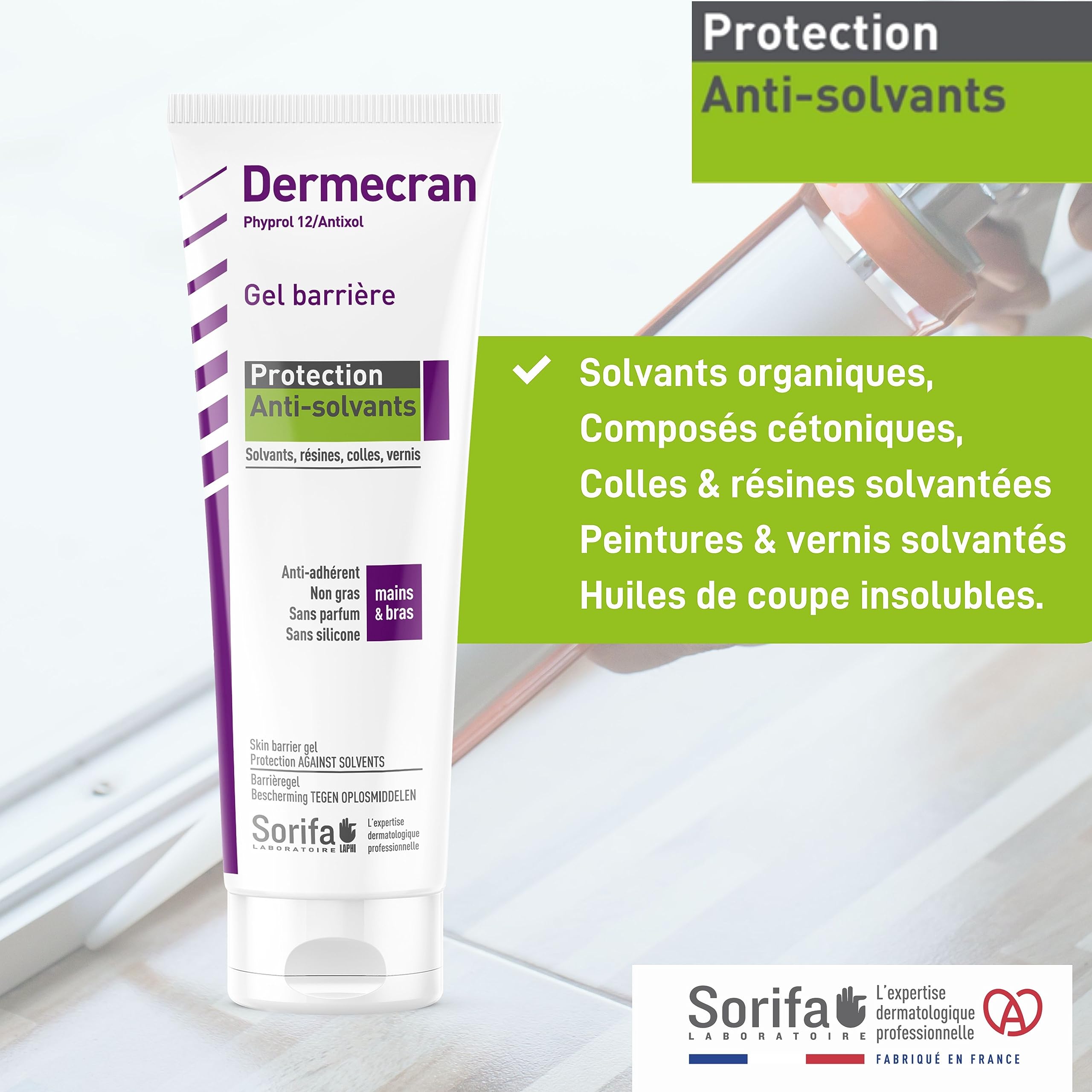 Lot de 3 – Dermécran – Gel barrière - Protection ANTI-SOLVANTS – Solvants, résines, colles, vernis – Mains, visage, corps – Formule haute tolérance - Sans parfum – Tube 125 ml.
