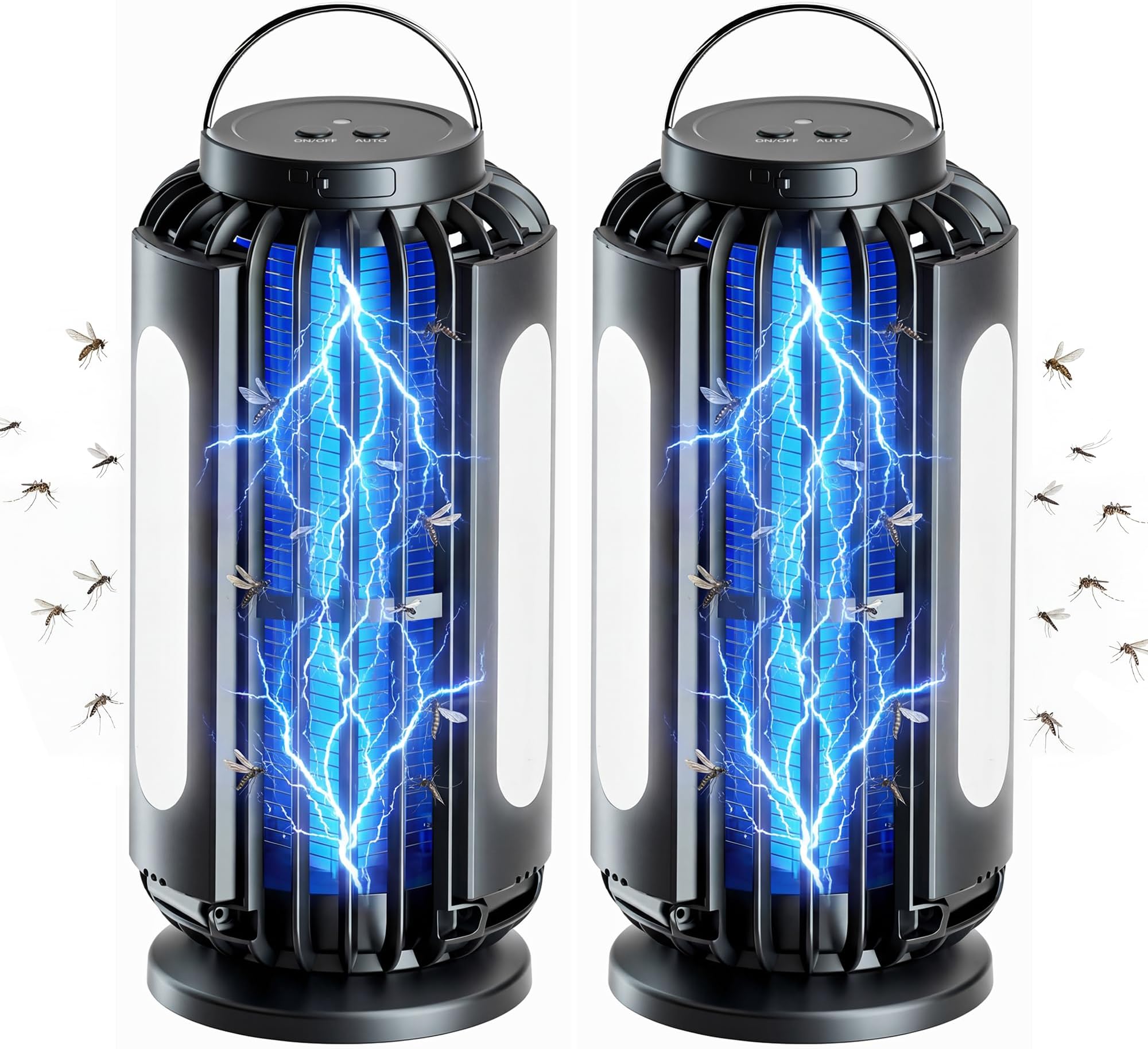 Bug Zapper 2 Pack, Solar Bug Zapper with 3 Solar Charging Panels, IP65 Waterproof Mosquito Zapper, 4200V Mosquito Zapper with LED Light, Outdoor Indoor AUTO ON/Off