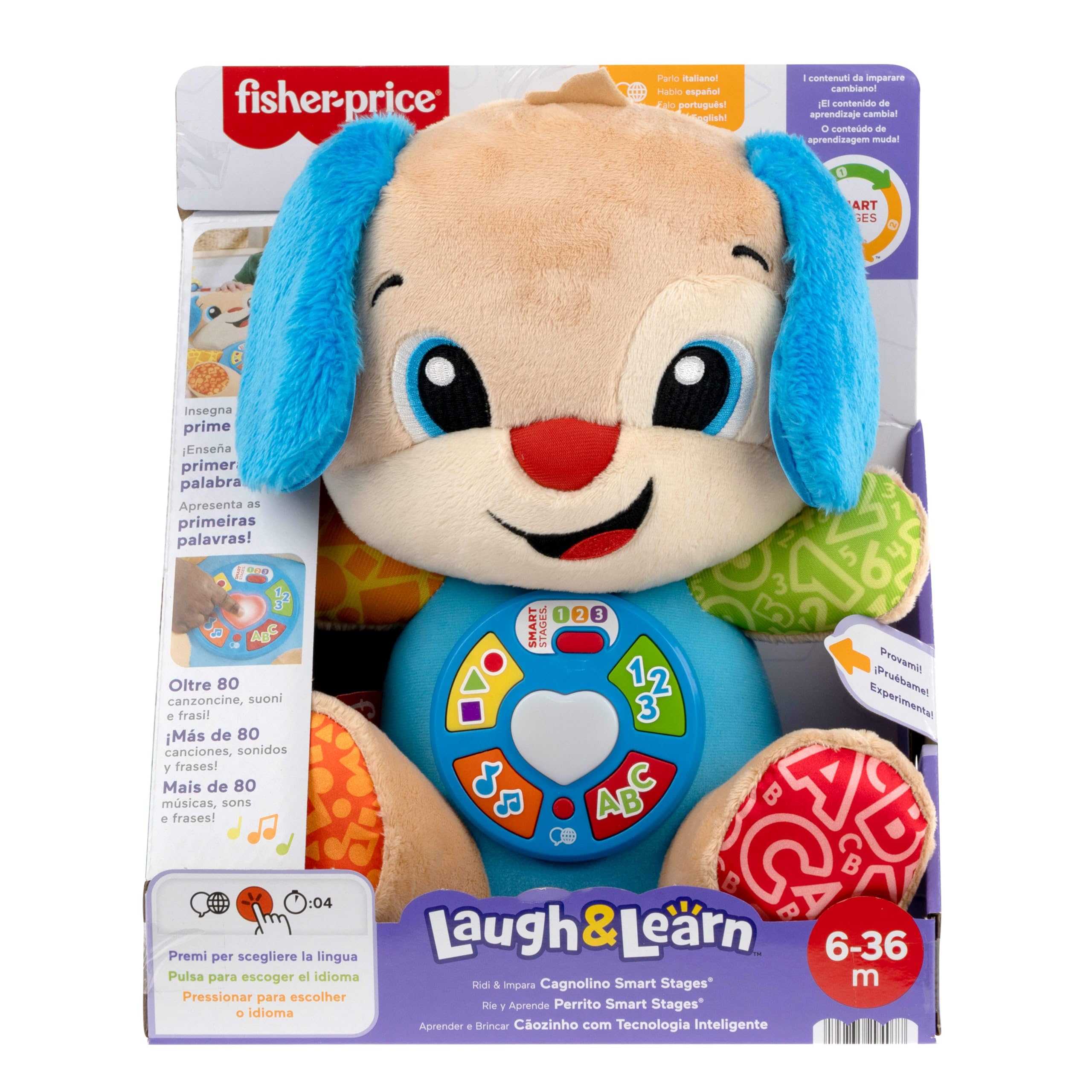 Fisher-Price Giocattolo per l'apprendimento dei Neonati, Ridi e Impara Peluche Musicale Cagnolino Smart Stages, per Neonati 6+ Mesi, Multilingue: Italiano, Spagnolo, Portoghese, Inglese, JFD26