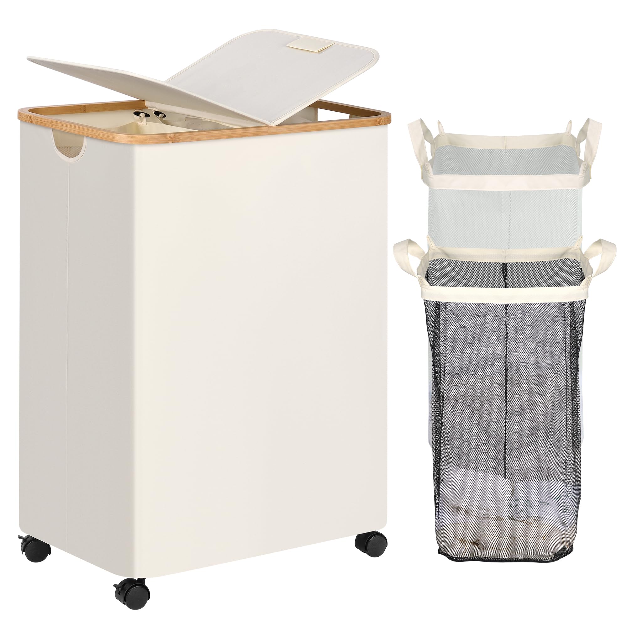 efluky Double Laundry Hamper with Wheels, Divided Laundry Hamper with Removable Bags, 2 Section Dirty Clothes Basket with Handles for Bathroom, Bedroom &amp; Laundry Room, 160L Beige