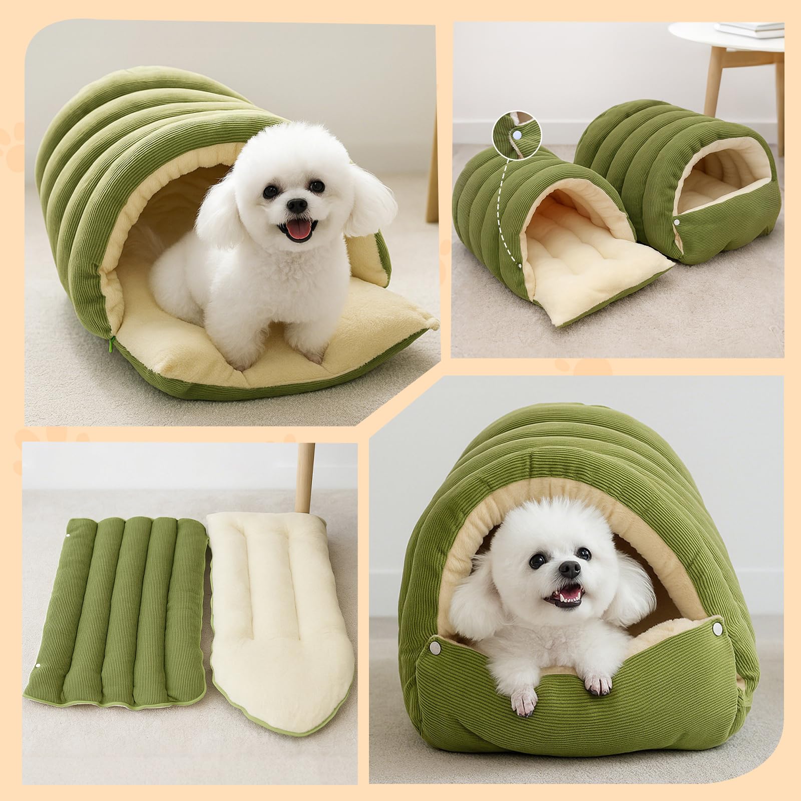 PETCUTE Niche pour Chien 2 en 1,Lit pour Chat d'intérieur,Niche Confortable pour Chien en Forme De Nid,Semi-fermé,Lit Igloo Amovible Lavable pour Chiens et Chats avec Bouton-Pression,Vert,M