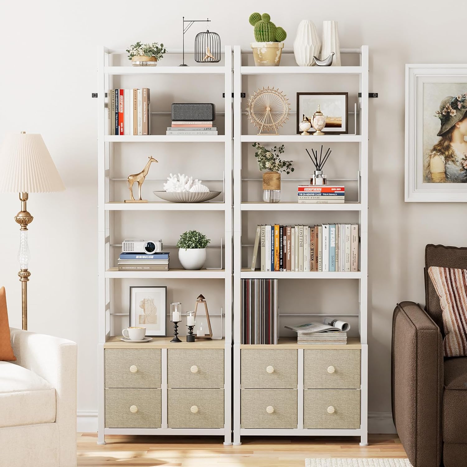 5 Tier Bookshelf, Modern Bookcase with Bookends and 4 Drawers Storage Organizer, Metal Industrial Display Shelf, Free Standing Storage Shelving Unit for Bedroom, Living Room and Home Office