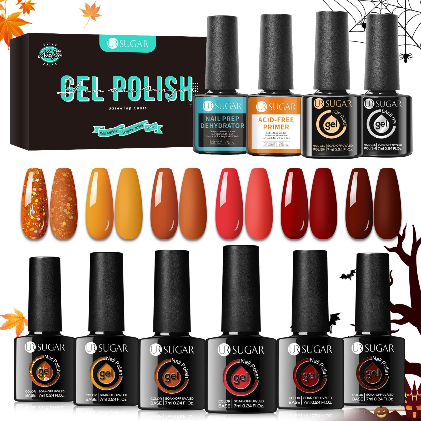 UR SUGARFall Winter Gel Nail Polish Set and 4 Pcs Nail Dehydrator Nail Primer Base and Top Coat 6 Colors Pumpkin Burnt Orange Yellow Red Glitter Autumn Halloween Gifts Soak Off Gel Polish Nail Art