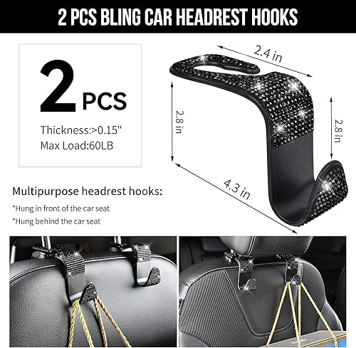 Miniatura 33 de CAR PASS - Juego accesorios de automóvil brillantes para mujer, fundas de asiento de cuero, diamantes imitación de 15 pulgadas, fundas para volante