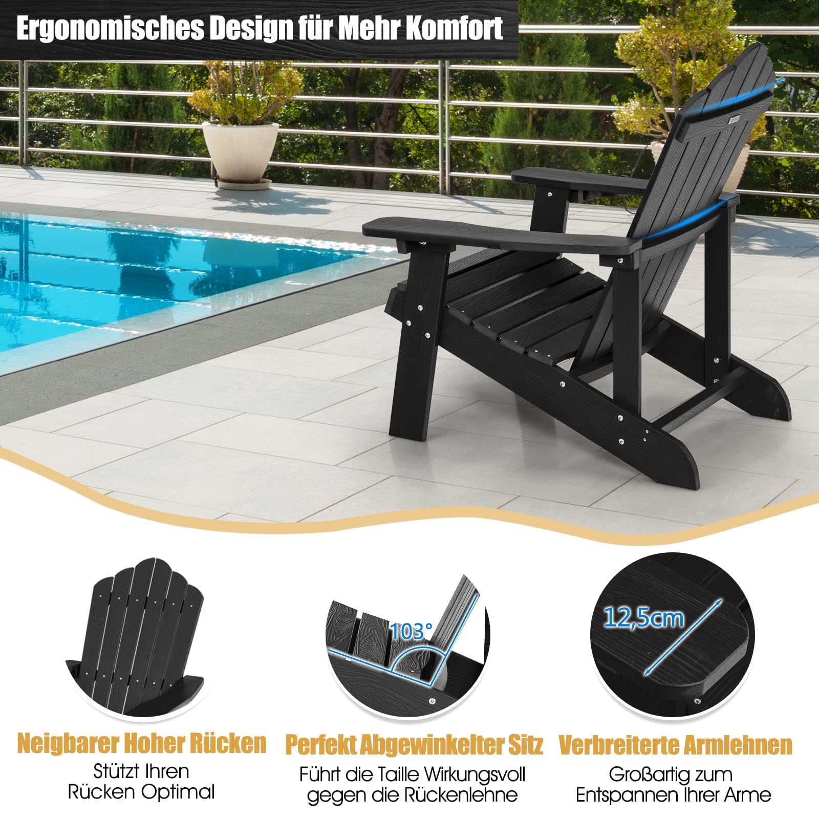 FANTASK Adirondack Chaise de Jardin en Plastique avec Porte-gobelet, résistante aux intempéries, capacité de Charge de 170 kg, Noire