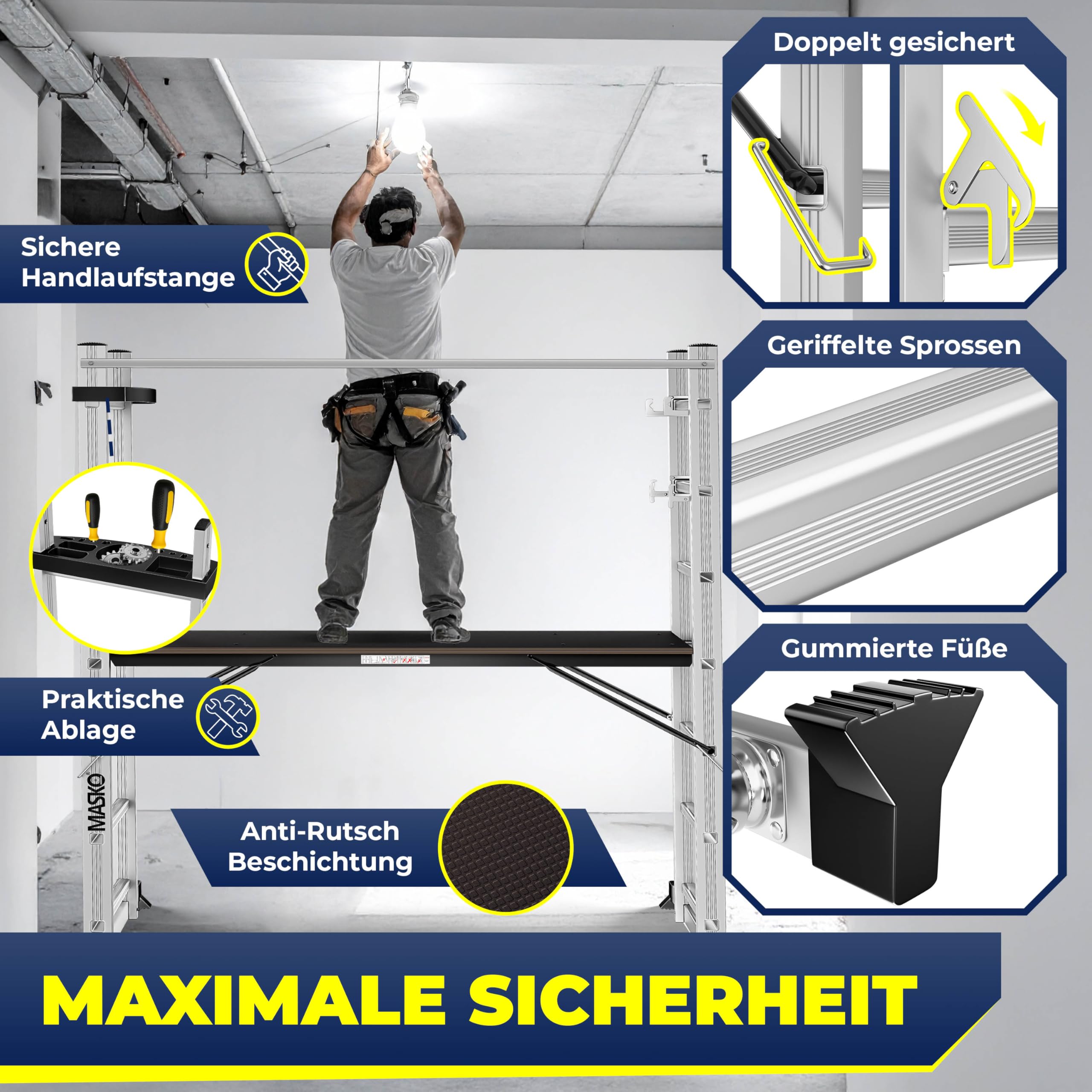 Masko Échafaudage en aluminium - Échelle simple - Échelle fixe - Échafaudage - Échelle d'escalier - Plateforme de travail - Charge maximale : 150 kg - Revêtement antidérapant - Certifié GS (EN 131)