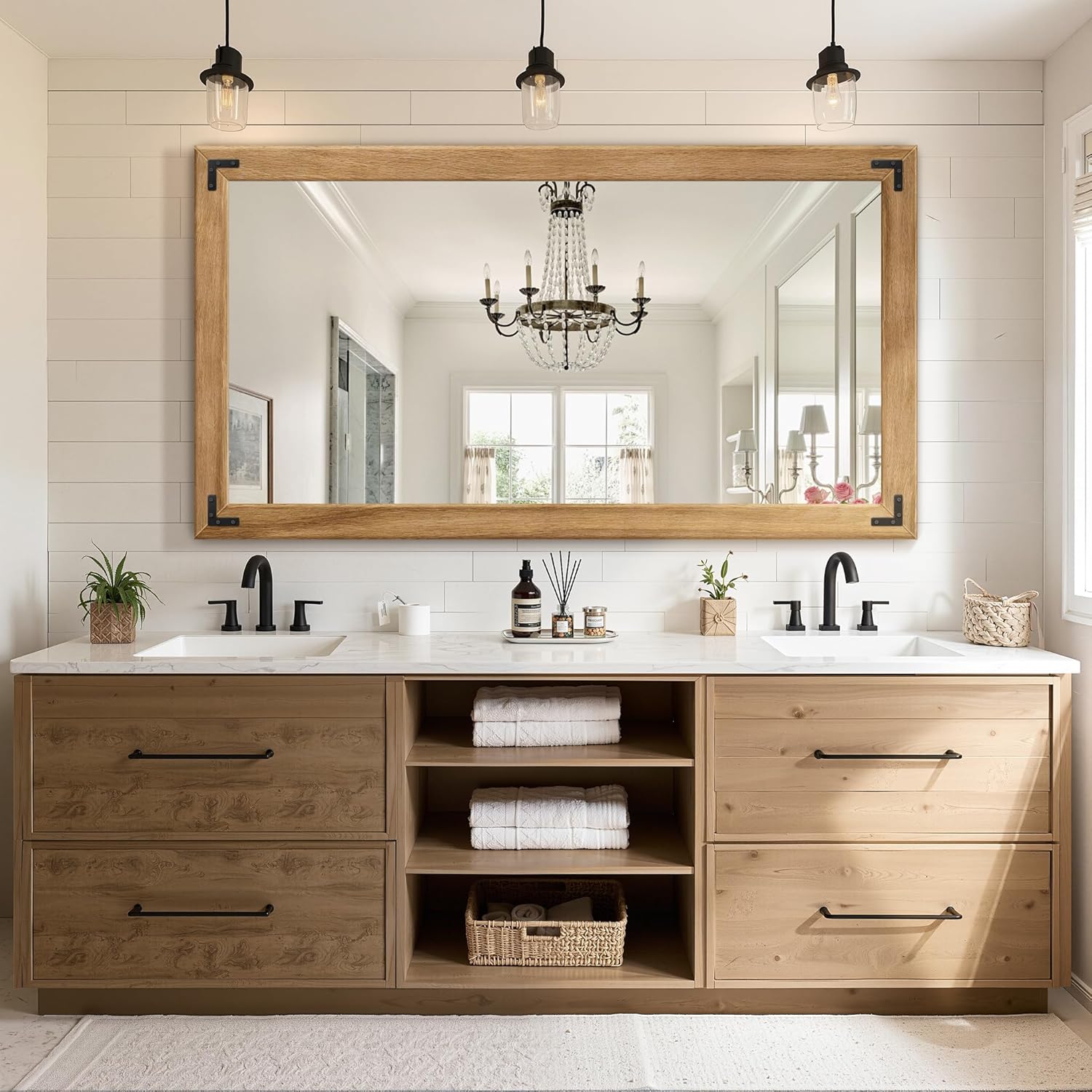 Full Length Mirror with Wooden Frame, 55"X30" Solid Wood Standing Floor Mirror for Farmhouse, Bathroom, Bedroom Decor, Hanging or Leaning Wall-Mounted Natural Brown 30"L x 55"W