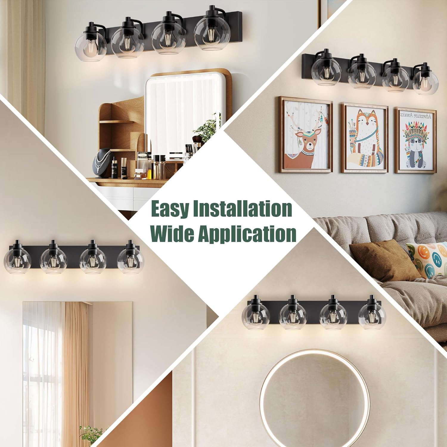 Espird Bathroom Light Fixtures-Matte Black Vanity Lights for Bathroom, Modern Black Vanity Lights 4-Light Bathrooms Lighting Fixtures Over Mirror with Clear Glass Shade