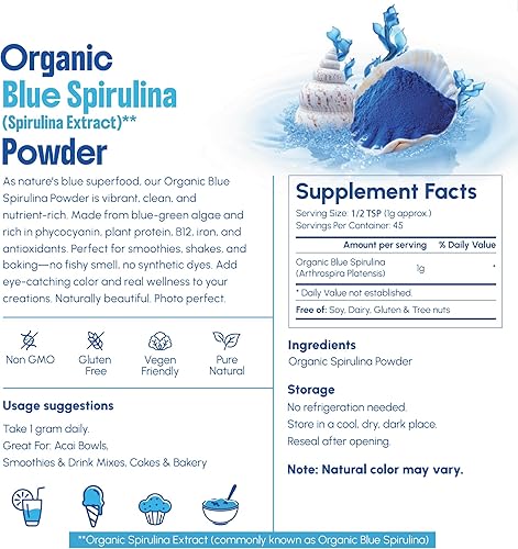 Miniatura 2 de Polvo de espirulina azul orgánico, ficocianina, sin olor a pescado, 45 porciones, colorante natural de alta calidad sin tinte azul para licuados de