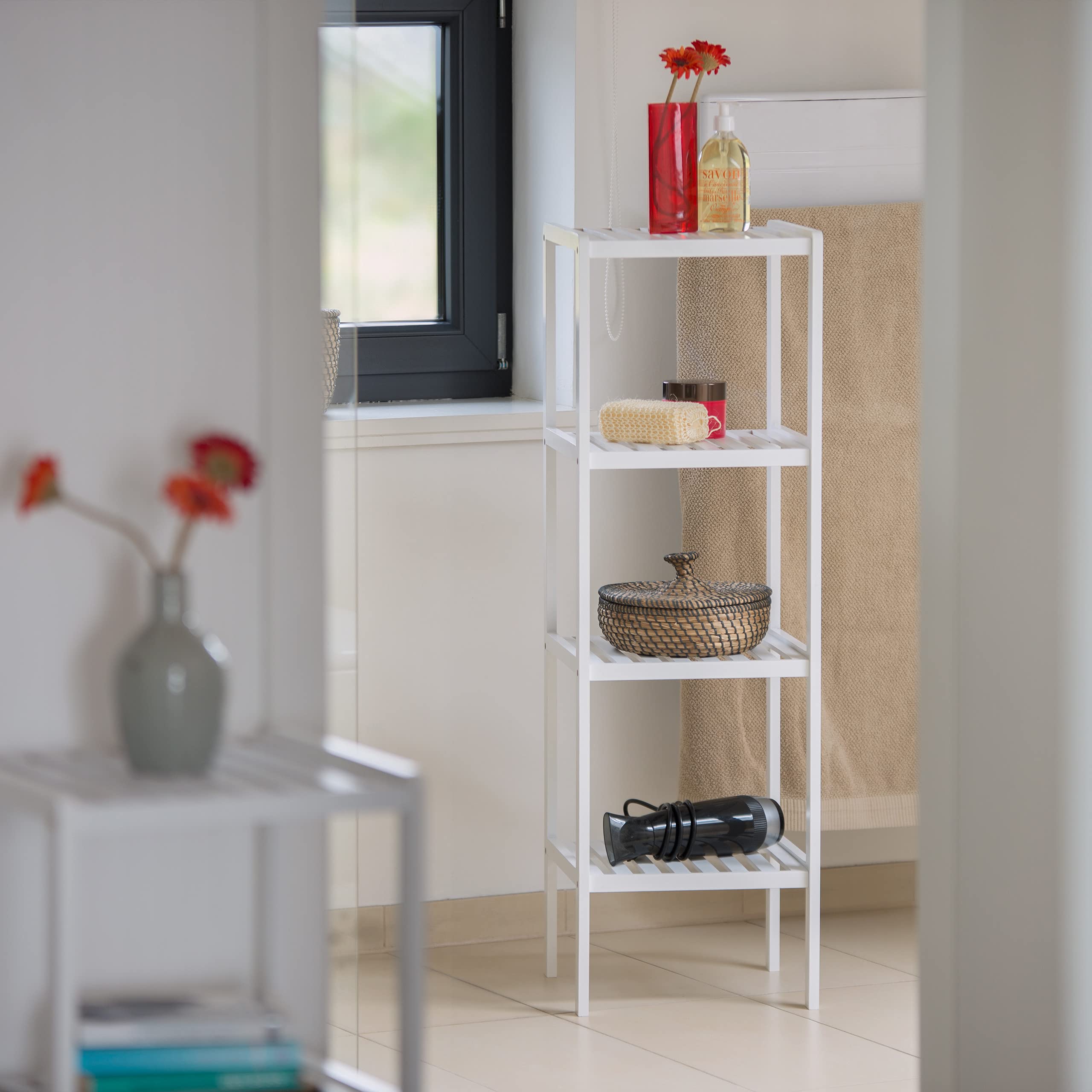 Relaxdays Scaffale Da Bagno, 4 Ripiani, Libreria Mobiletto Salvaspazio Cucina Salotto 985x345x36 Bianco Naturale Pannelli Mdf Legno 1 Pz