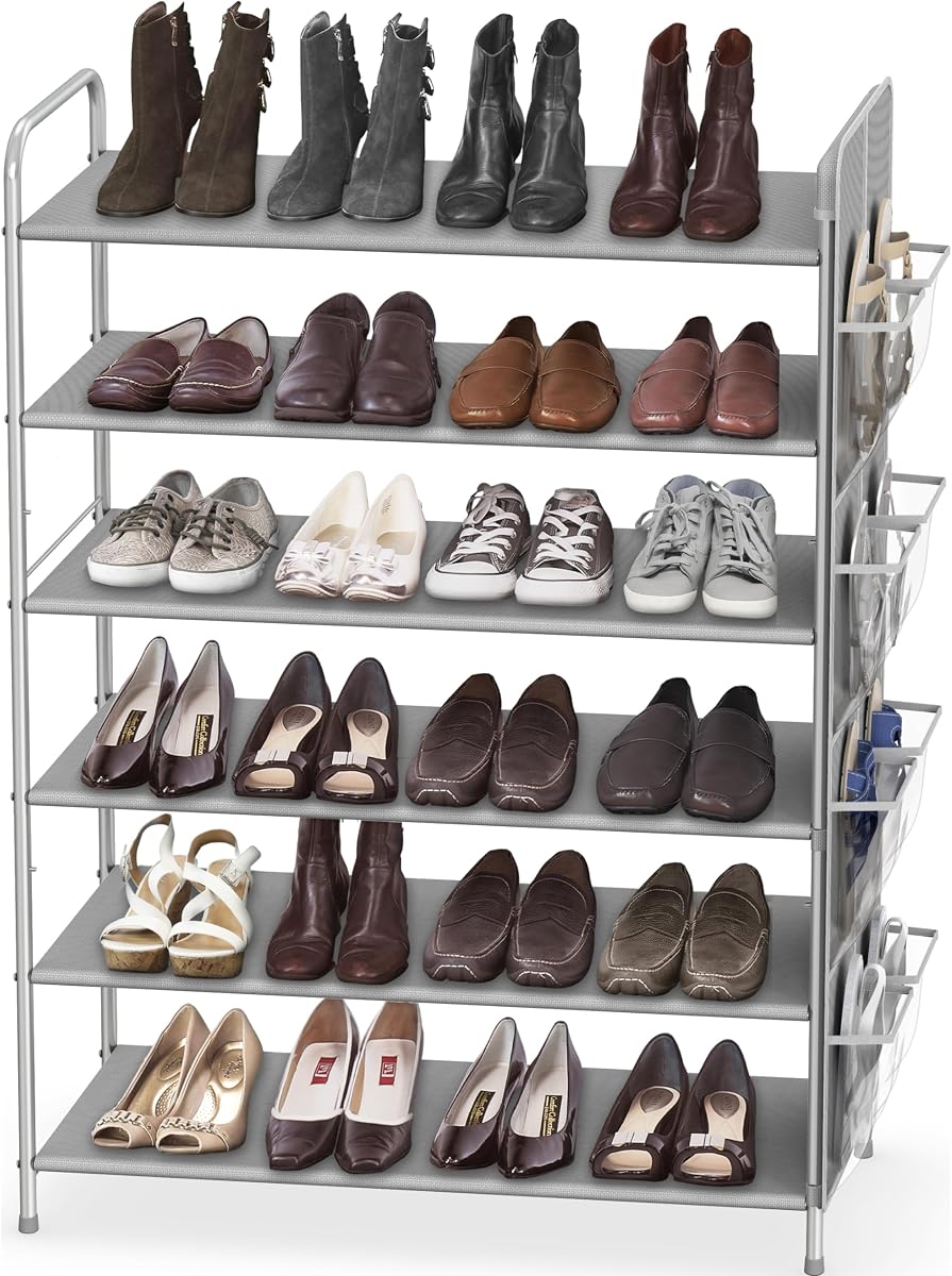 6-Tier Shoe Rack Organizer w/Side Hanging Pockets, Grey | Holds 18–28 Pairs, Tall Shoe Storage for Closet, Entryway, or Garage