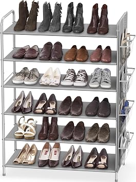 Simple Houseware 6-Tier Shoe Rack Storage Organizer w/Side Hanging Bag, Grey