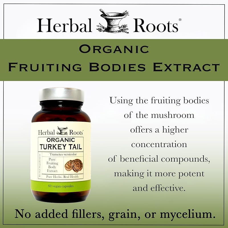 Herbal Roots Organic Turkey Tail Mushroom Supplement, Fruiting Bodies Extract, USDA Certified Organic, Immune Support, 60 Vegan Capsules image 5