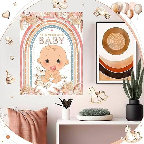 Miniatura 5 de Faccito Pin The Chupete Juego de baby shower, decoración de fiesta de baby shower, incluye póster grande, 24 calcomanías para chupete, juego para