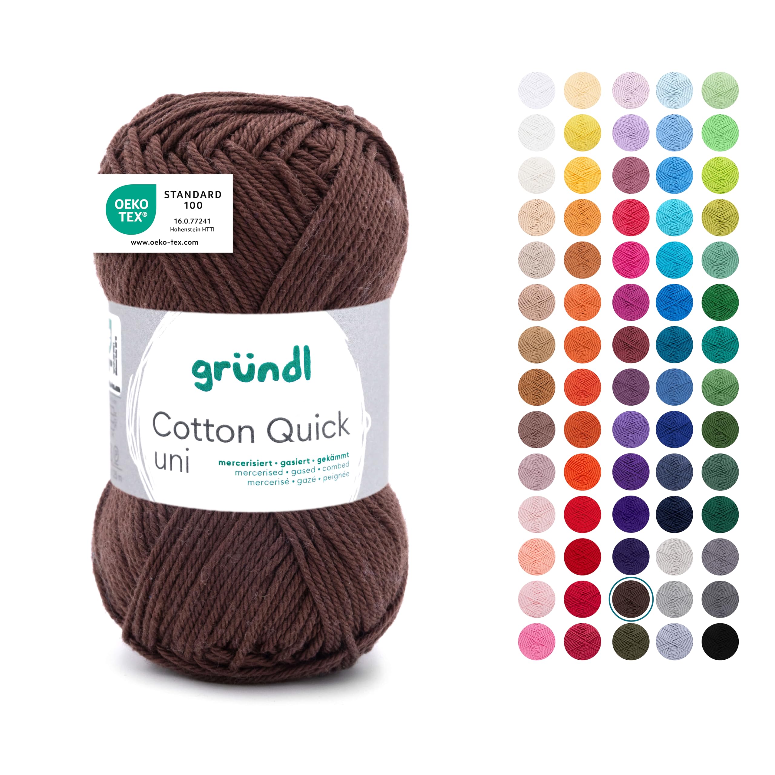 Gründl Wolle Cotton Quick uni - dünne Wolle zum Häkeln - Strickgarn - Häkelgarn - Glänzend und hautfreundlich - 100% Baumwolle - 1 Knäuel 50 g / 125 m - Nadelstärke 3-4 - Schokolade