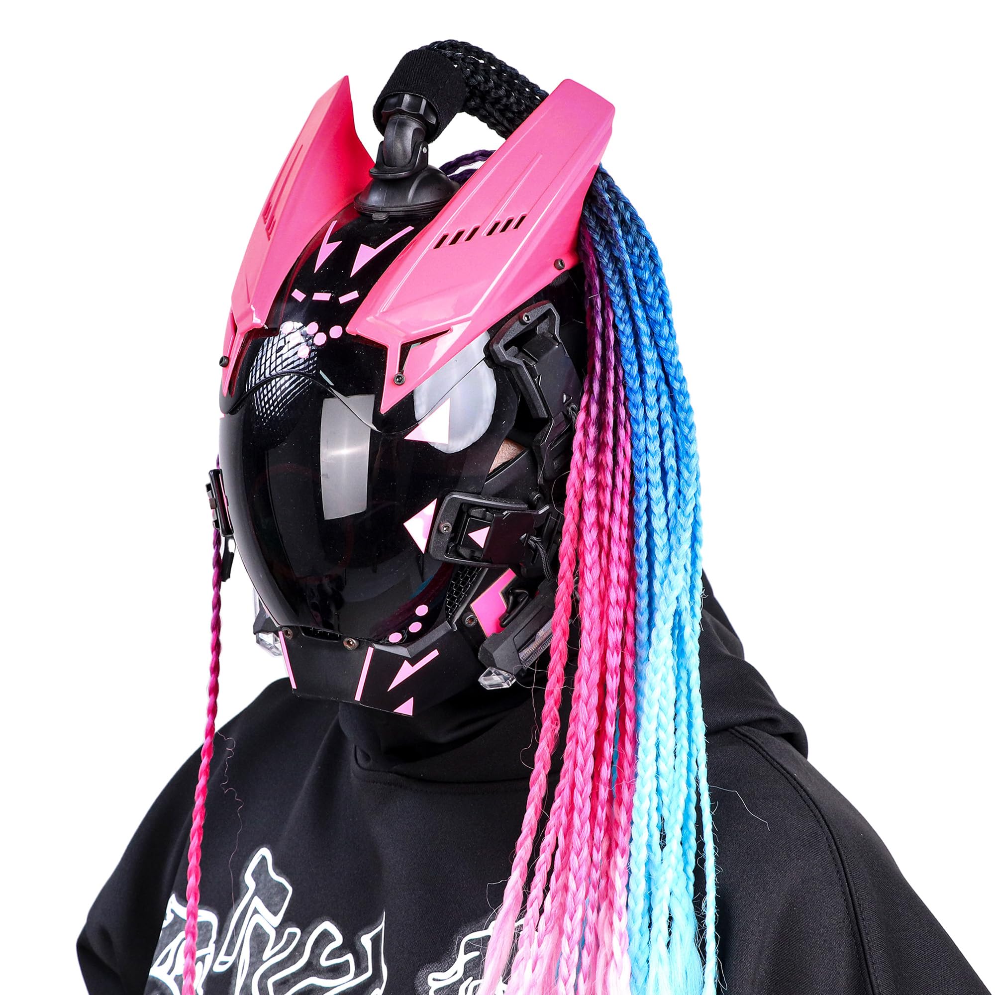 Punk Helmet Mask Round Light with Braids Futuristic Mask Halloween Music Festival Cosplay Costume Accessories for Adult