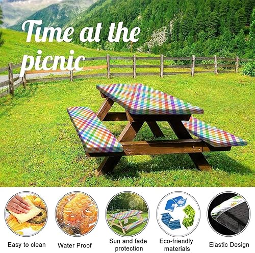 Miniatura 4 de Picnic Table Cover with Bench Covers 3 Piece Set Vichy plaid rainbow herringbone Seamless colorful dark bright neon Elastic Fitted Tablecloths