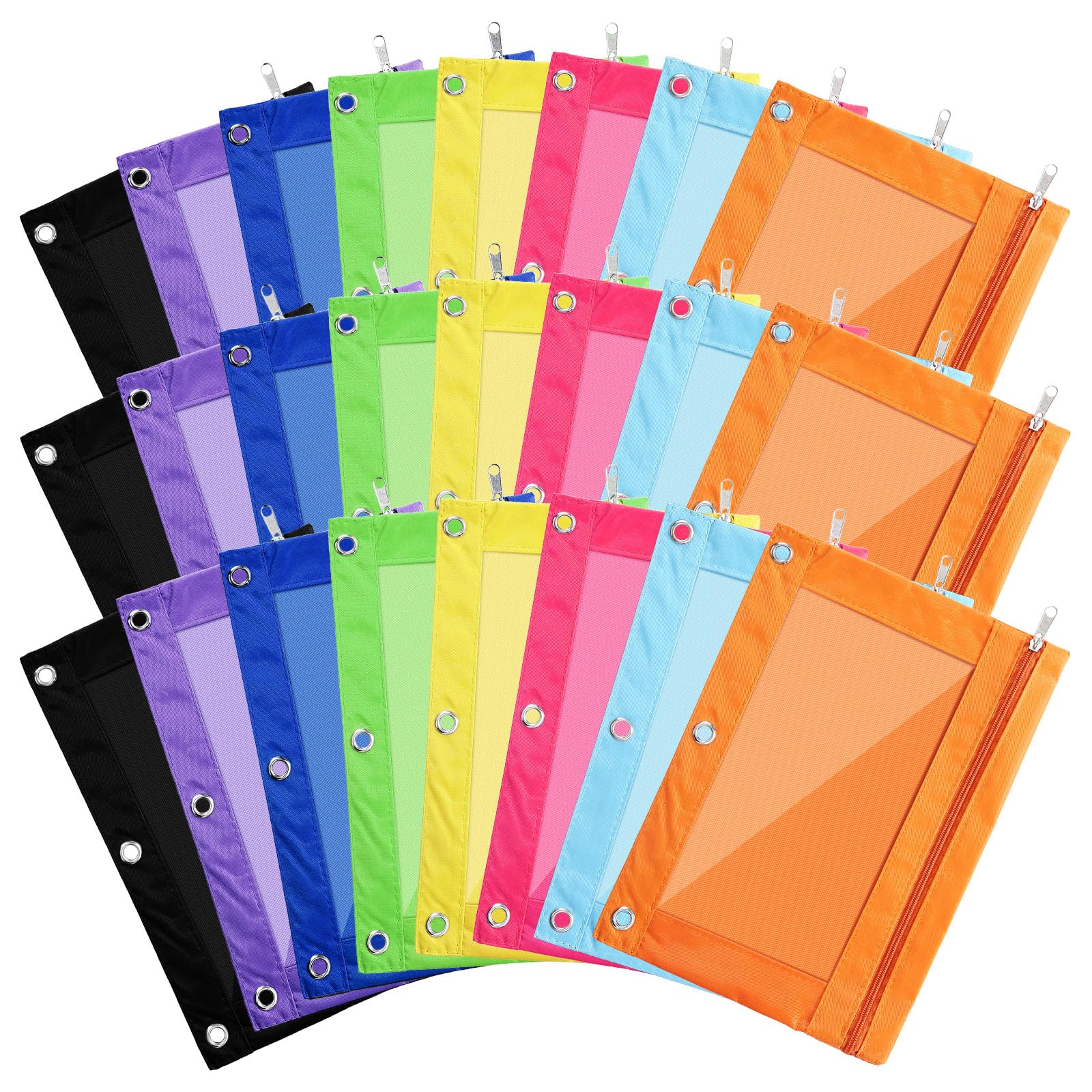 Boao 24 Pcs Pencil Pouch for 3 Rings Binder Pencil Bags Bulk with Zipper Colorful Case Stationery Bag with Clear Window for Office Supplies