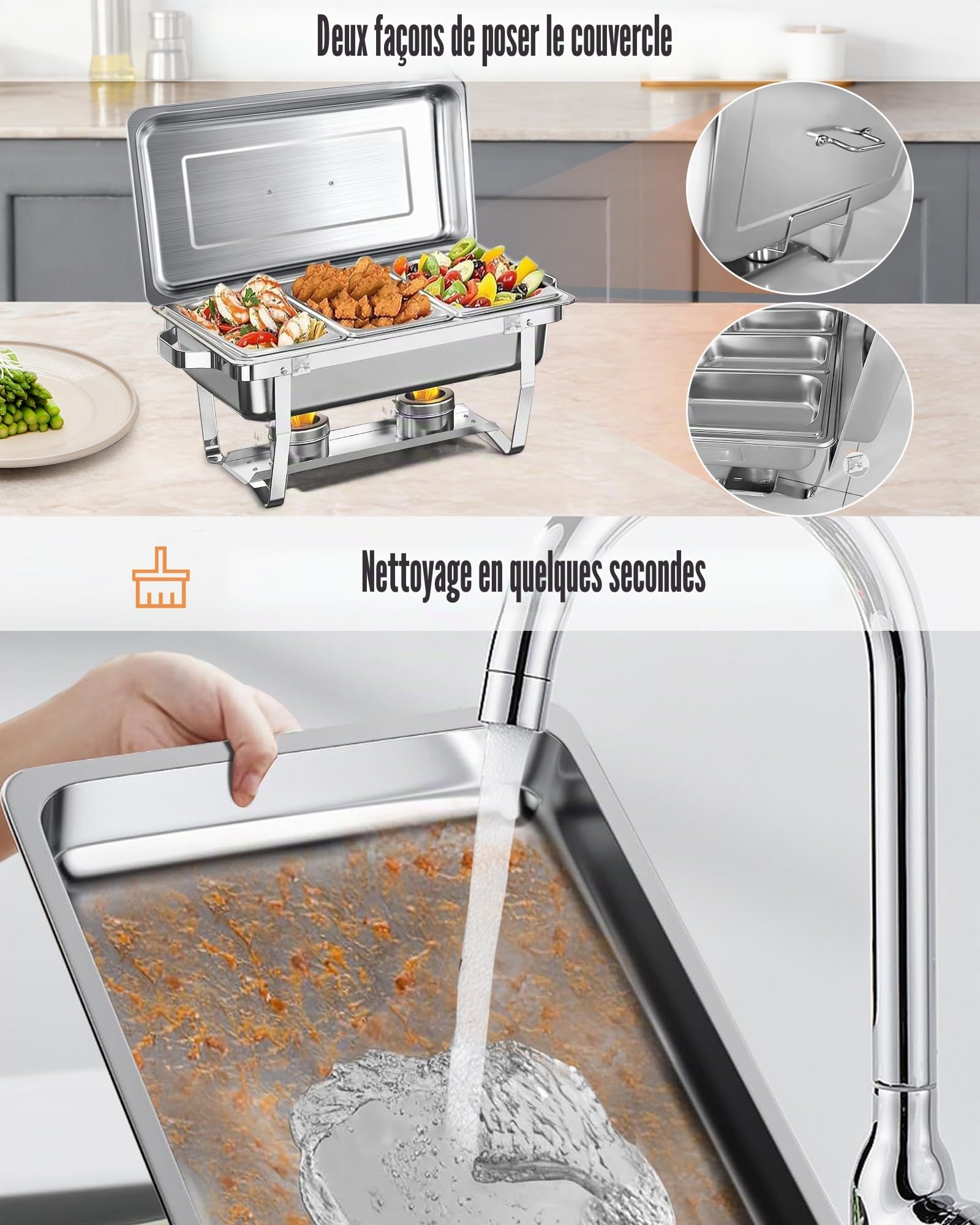 Chafing Dish Buffet 9L[Robuste et Durable], Lot de 2 récipients de Maintien au Chaud en Acier Inoxydable (Design à Bord roulé) Chauffe-Plats pour Traiteur, Buffet et fête - Silver Square