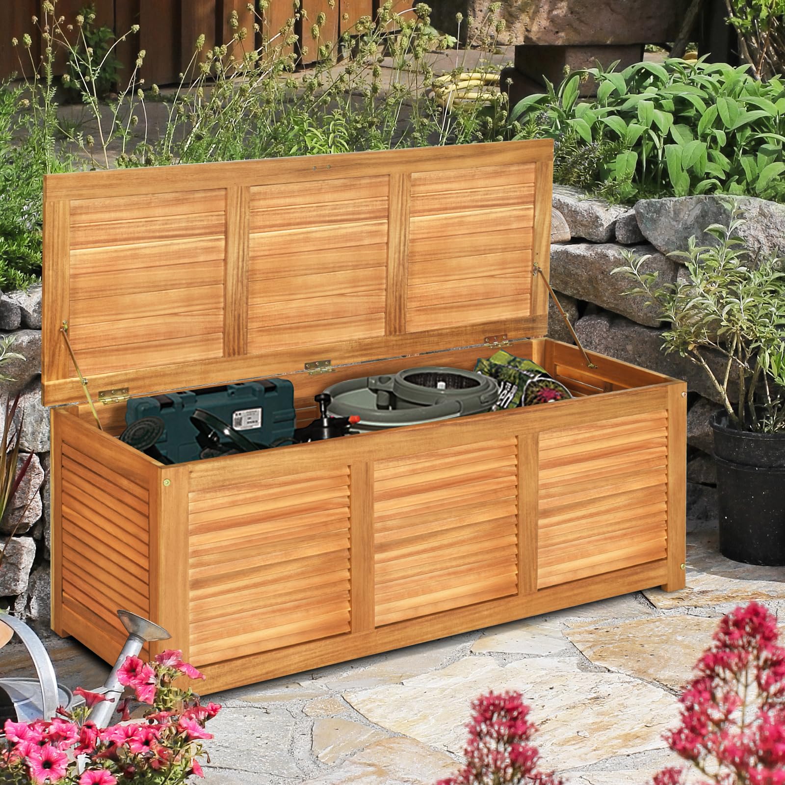 HOMASIS Baule da Esterno, Cassone da Esterno in Legno Massello, Cassapanca Contenitore da 178L per Giardino, Balcone, Terrazzo, Ingrsso, Portata 150 kg, 120 x 45 x 45 cm, Naturale
