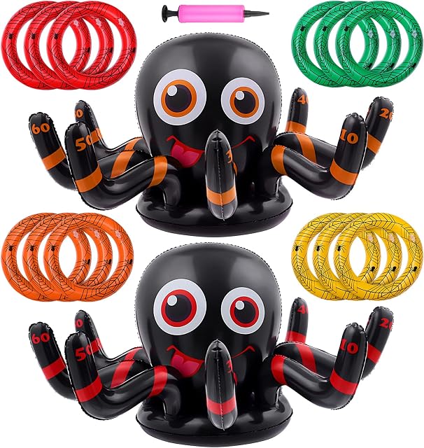 Toyvian Inflatable Spiders Ring Toss Game Set- 2Pcs Halloween Party Favors Supplies- Indoors Outdoors Party Game for Kids Adults(2 Giant Spiders,12 Rings)