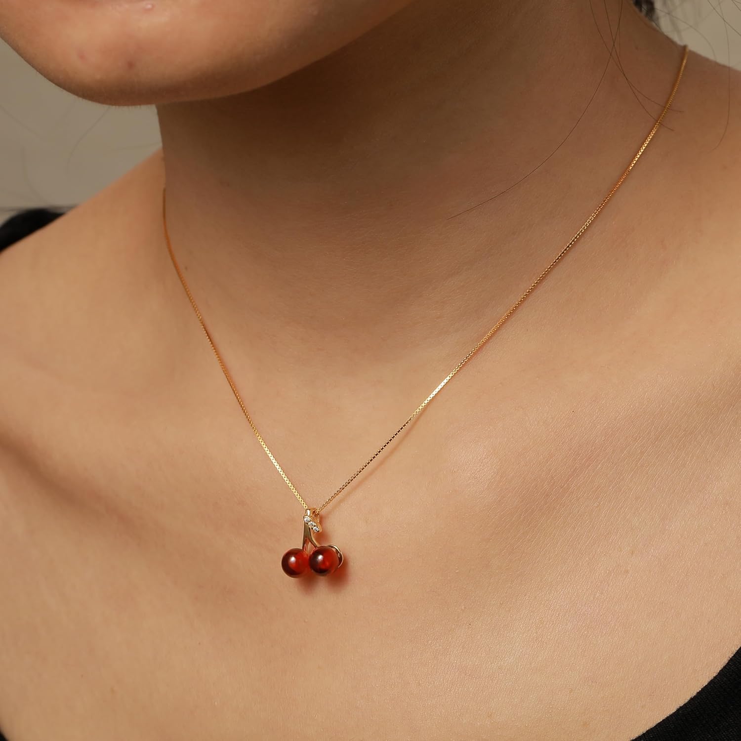 Dainty 14K Gold Plated Cherry Necklace for Women 925 Sterling Silver Red Garnet Gemstone Cubic Zirconia Pendant Choker Necklace for Mother Daughter Creative Cute Summer Fruit Birthday Mothers Day Jewelry Gifts - Image 7
