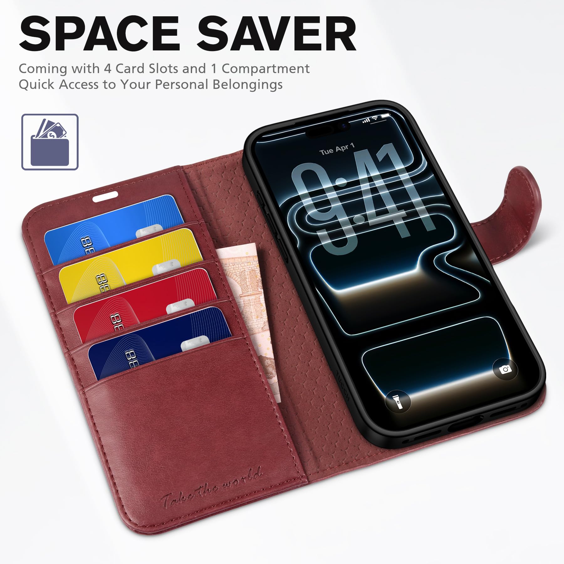 TUCCH Funda para iPhone 17 Pro MAX 6,9-Pulgadas 5G 2025 Bloqueo RFID Cartera | Funda Cuero PU Cáscara TPU A Prueba de Golpes Ranura Tarjeta Soporte Plegable Cover Libro Cierre Magnético, Rojo Oscuro