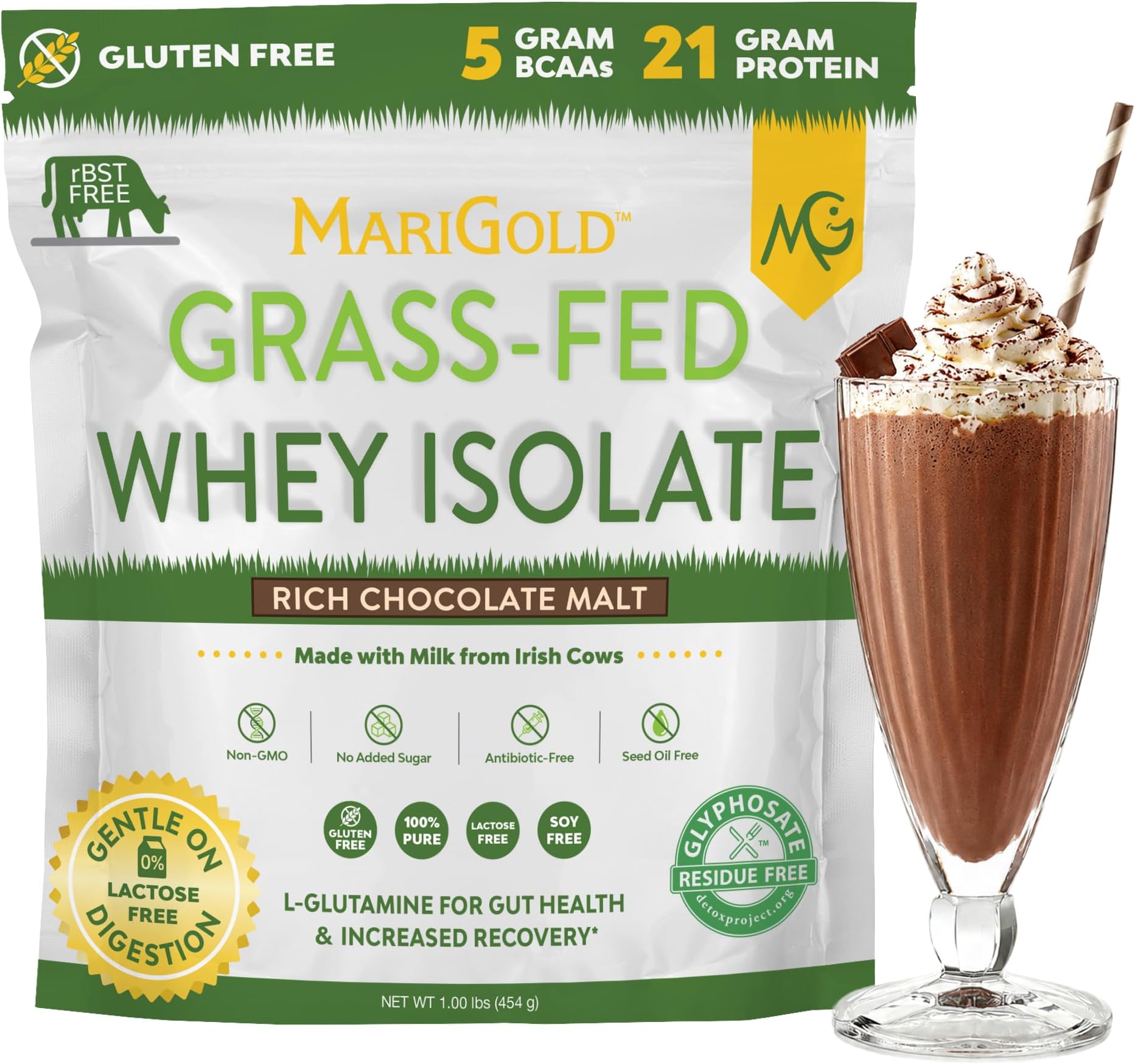 MariGold Grass-fed Whey Protein Isolate Powder - Rich Chocolate Malt Flavor - 1 Lb | 100% Pure, Cold-Processed, Micro-Filtered, Undenatured, Non-GMO, rBGH Free, Soy Free, Gluten Free, Lactose Free
