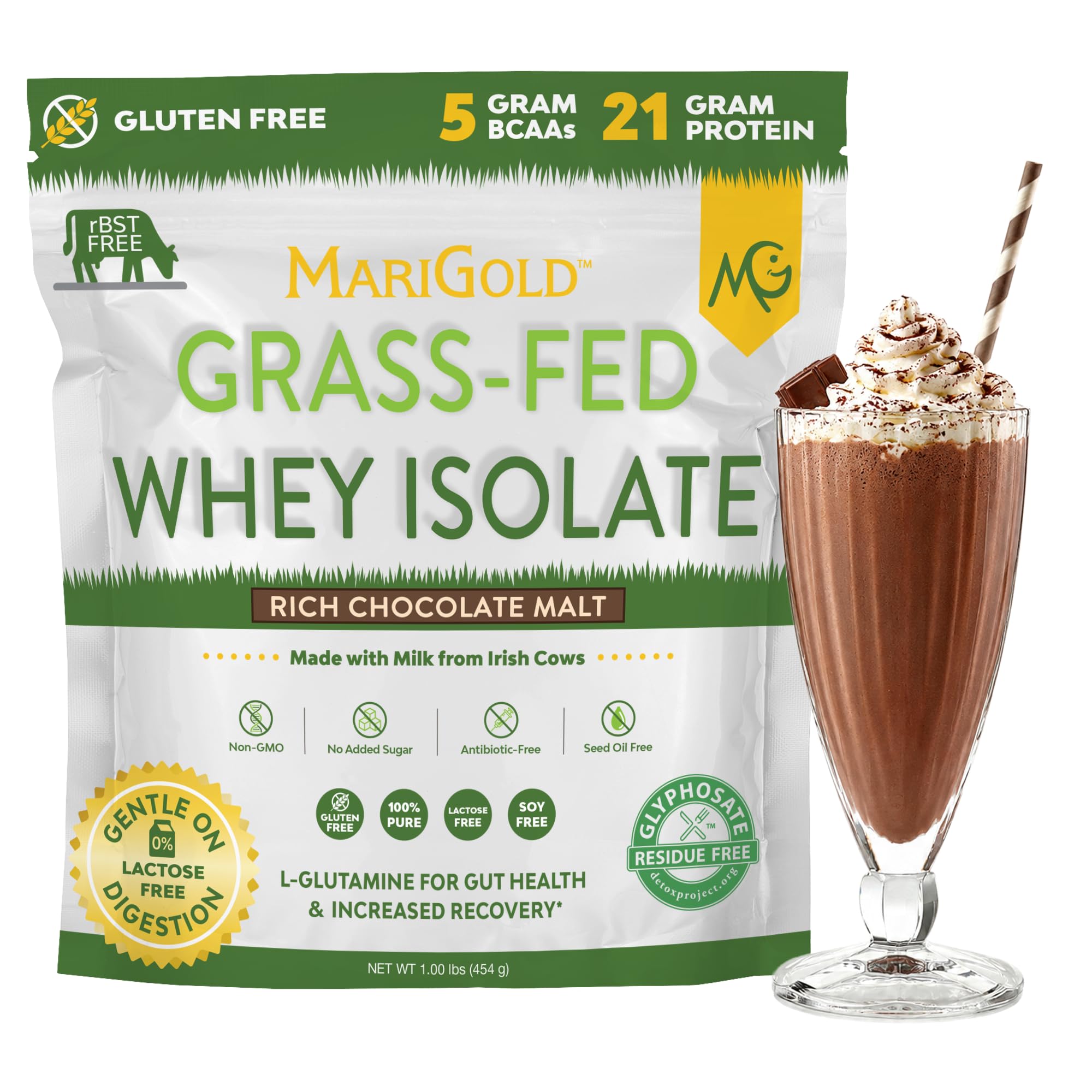 MariGold Whey Protein Isolado sabor Rich Chocolate Malt 21 g de proteína, 454 g