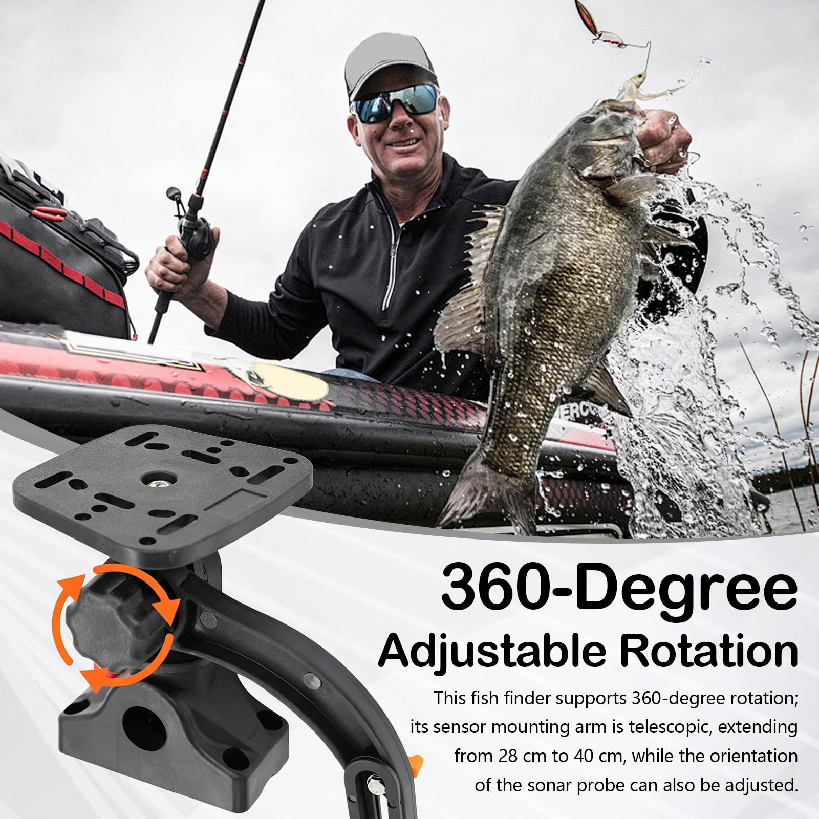 Fischfinder Halterung, Fischfinderhalterung 360 Grad Drehbar Echolot Angeln Halterungen mit Verstellbare Klemme und Universal Montageplatte für Fishfinder Boot Kajak Höhe 28-40cm