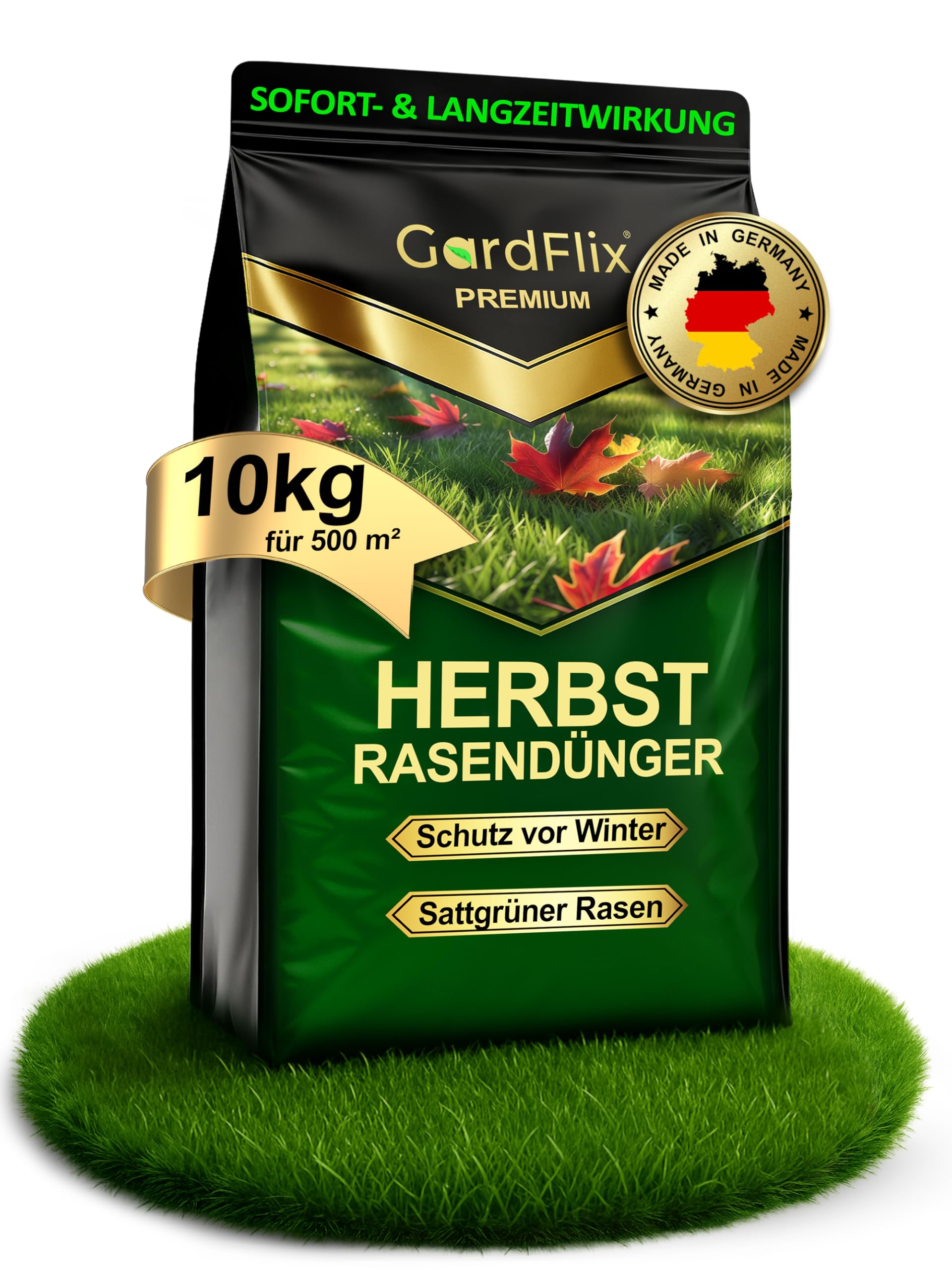 Herbstdünger Rasen Langzeitwirkung (10kg Sack für 500m²) | Rasendünger Herbst verdrängt Moos | Frostschutz & Winterfester Rasen | Staubarmer Granulat für Streuwagen | Sicher für Kind & Tier