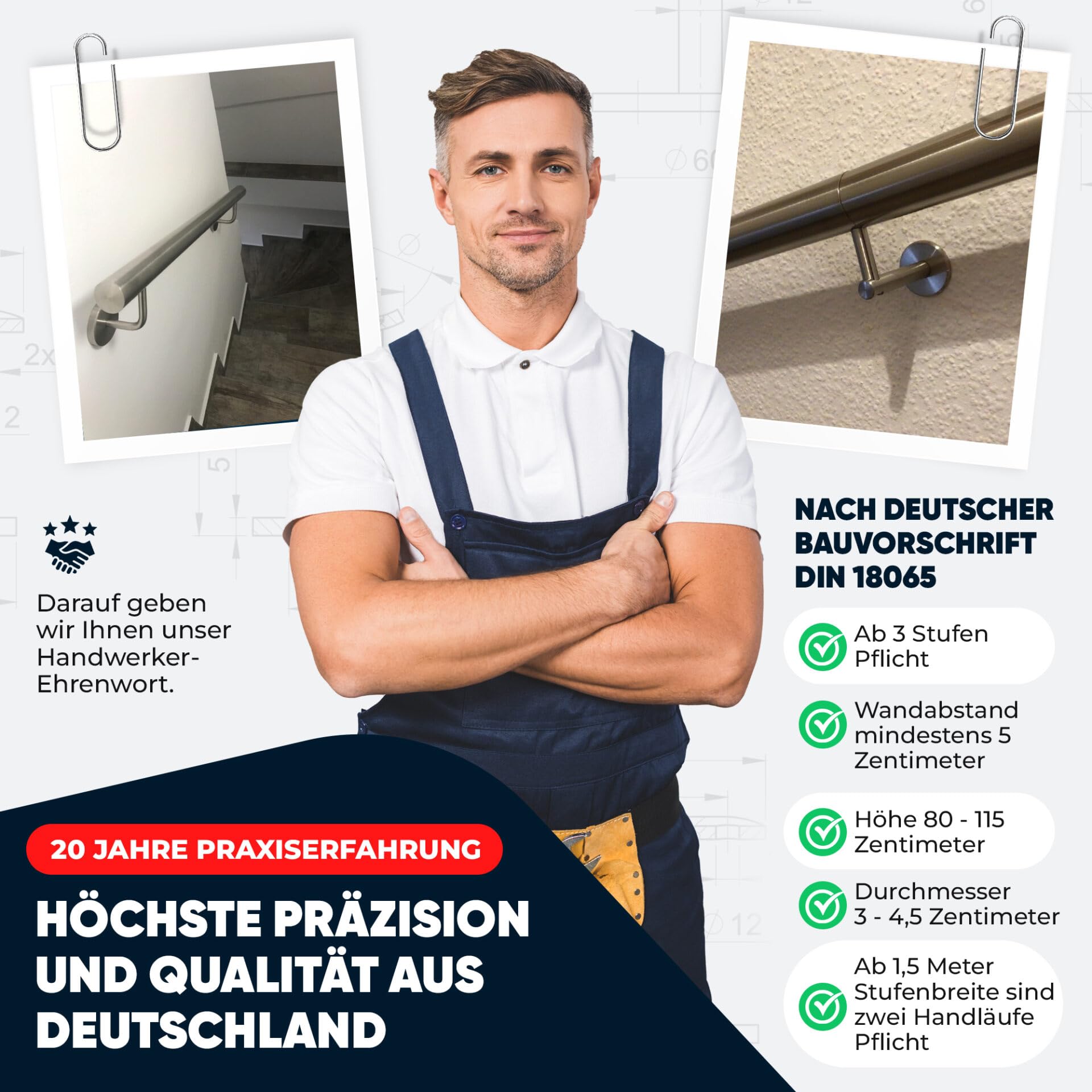Handlauf Edelstahl Ø 33,7 mm, Markenhandläufe, für Außen- & Innenbereich, Wandhandlauf Brüstung Geländer, 4 verschiedene Varianten