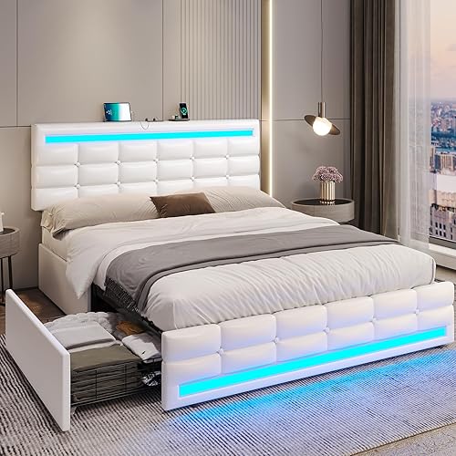 Miniatura 10 de ADORNEVE Marco de Cama Queen con Luces LED Cama Plataforma de Cuero con Cajones de Almacenamiento y Estación de Carga, Marco de Cama LED Tamaño Pu