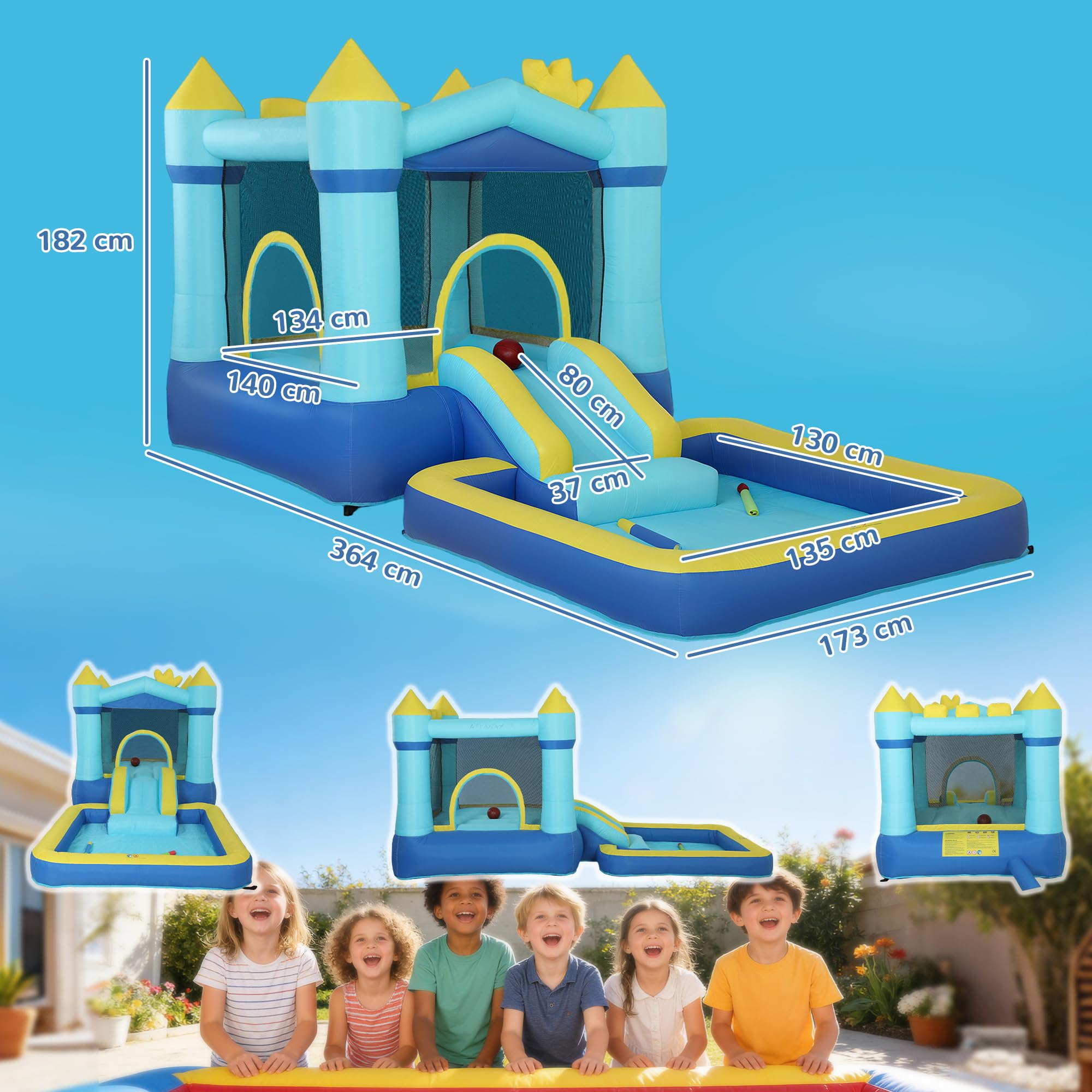 AIYAPLAY Castillo Hinchable para Niños con Soplador, Castillo Hinchable con Tobogán, Cama Elástica, Piscina y Aro de Baloncesto, para Niños 3-8 Años, Interior y Exterior, 364x173x182 cm, Azul