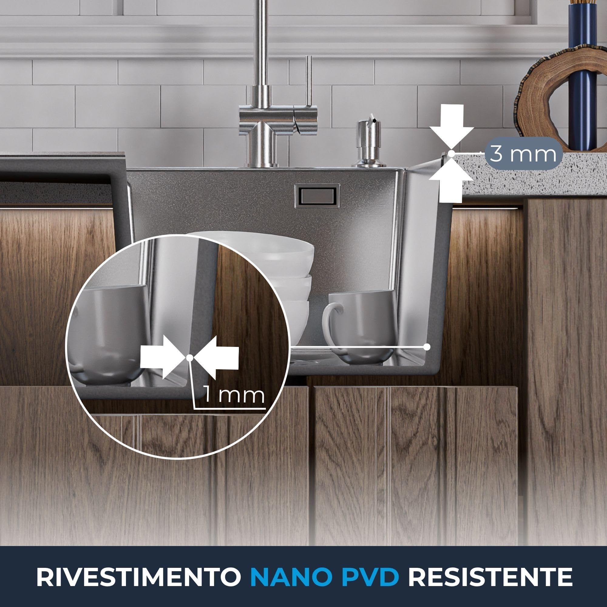 ANW HOME Lavello Cucina 1 Vasca Acciaio Inox, Lavandino Cucina da Incasso con Gocciolatoio 63x50 cm, Argento, Finitura Nano, Spessore 3.0/1 mm, con Sifone, Dosatore e Cestello
