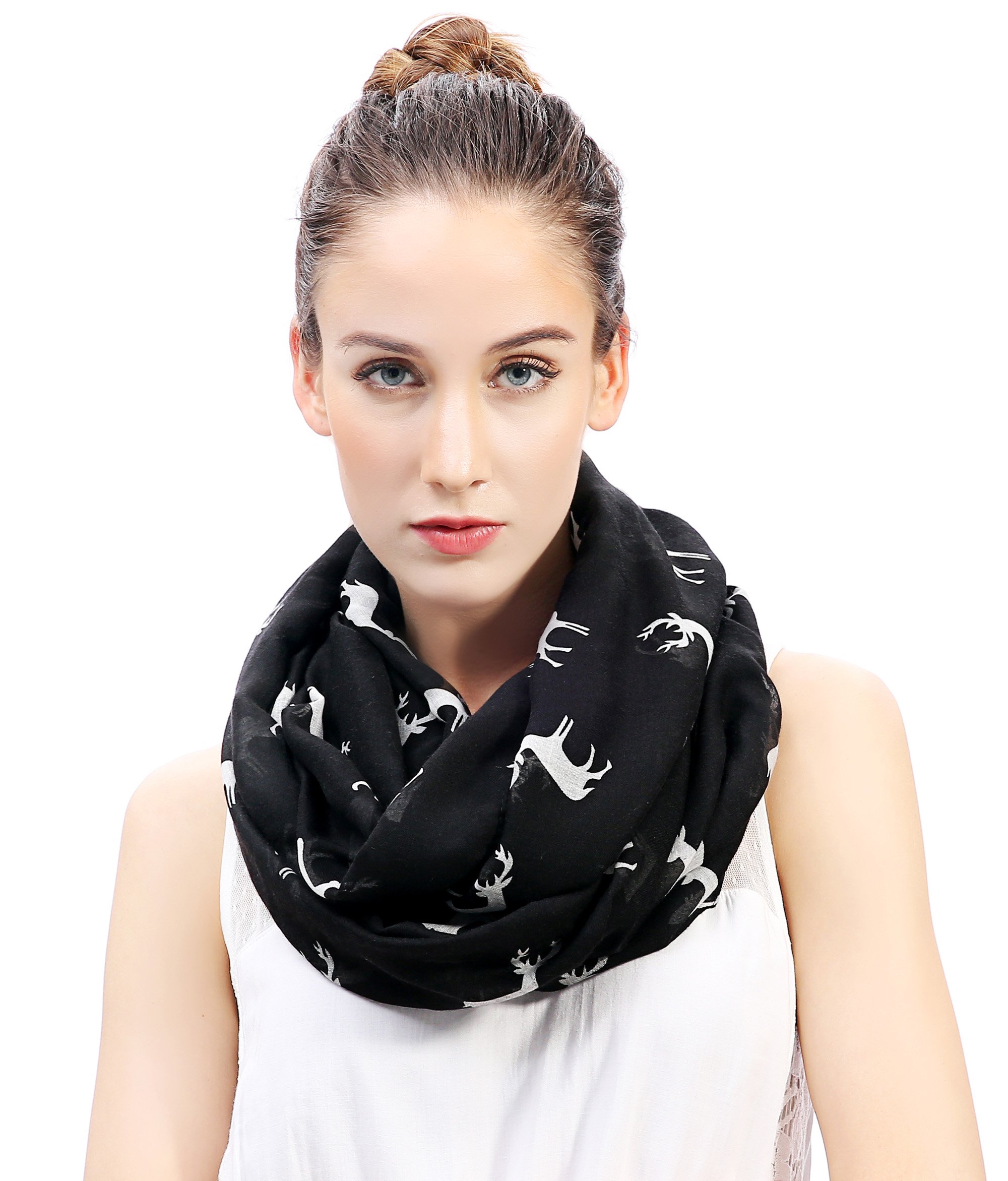 Lina & Lily Deer Print Lightweight Snood Scarf (Black)