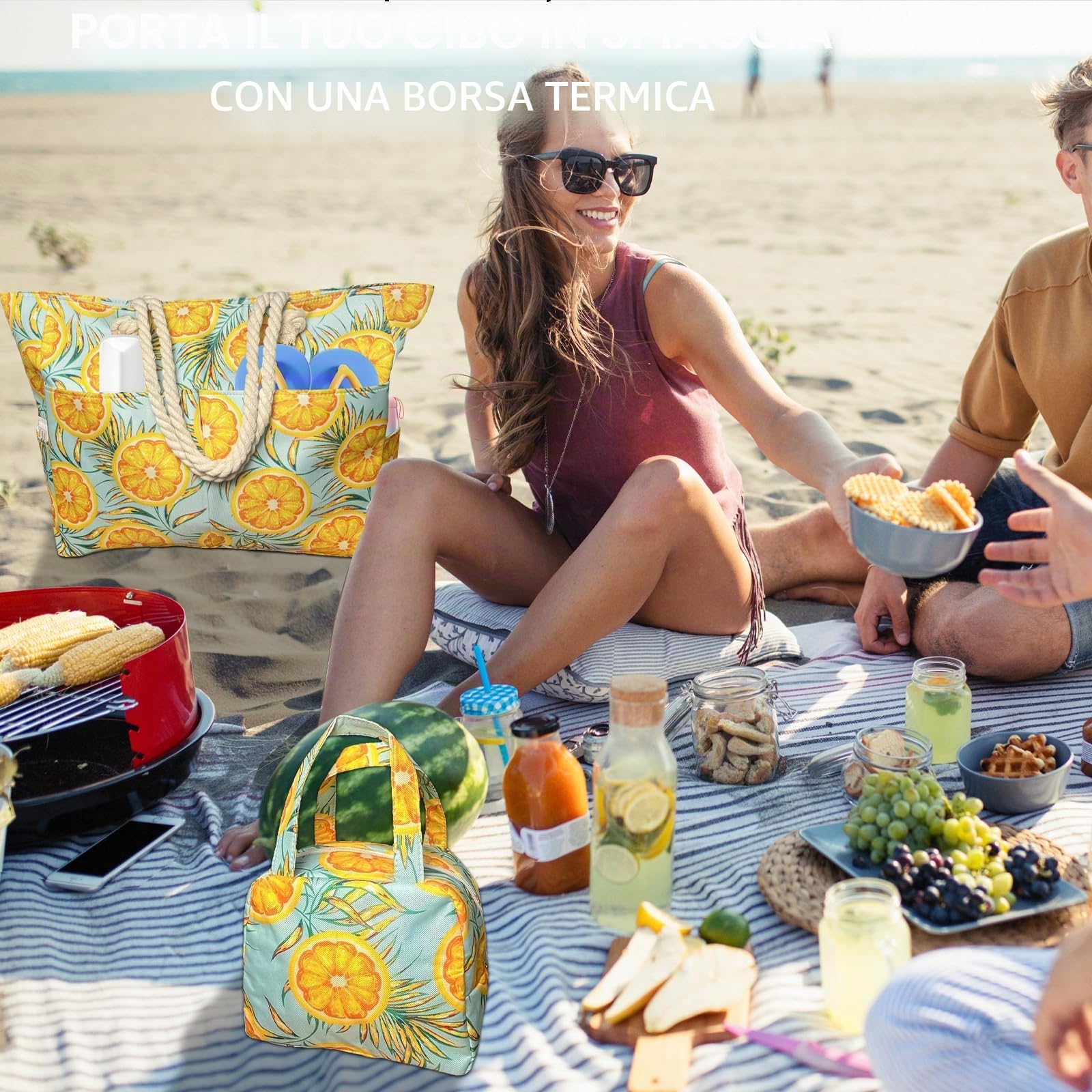 Borsa Spiaggia XXL 50L Arancione Donna Grande Impermeabile Pieghevole Termica con Cerniera