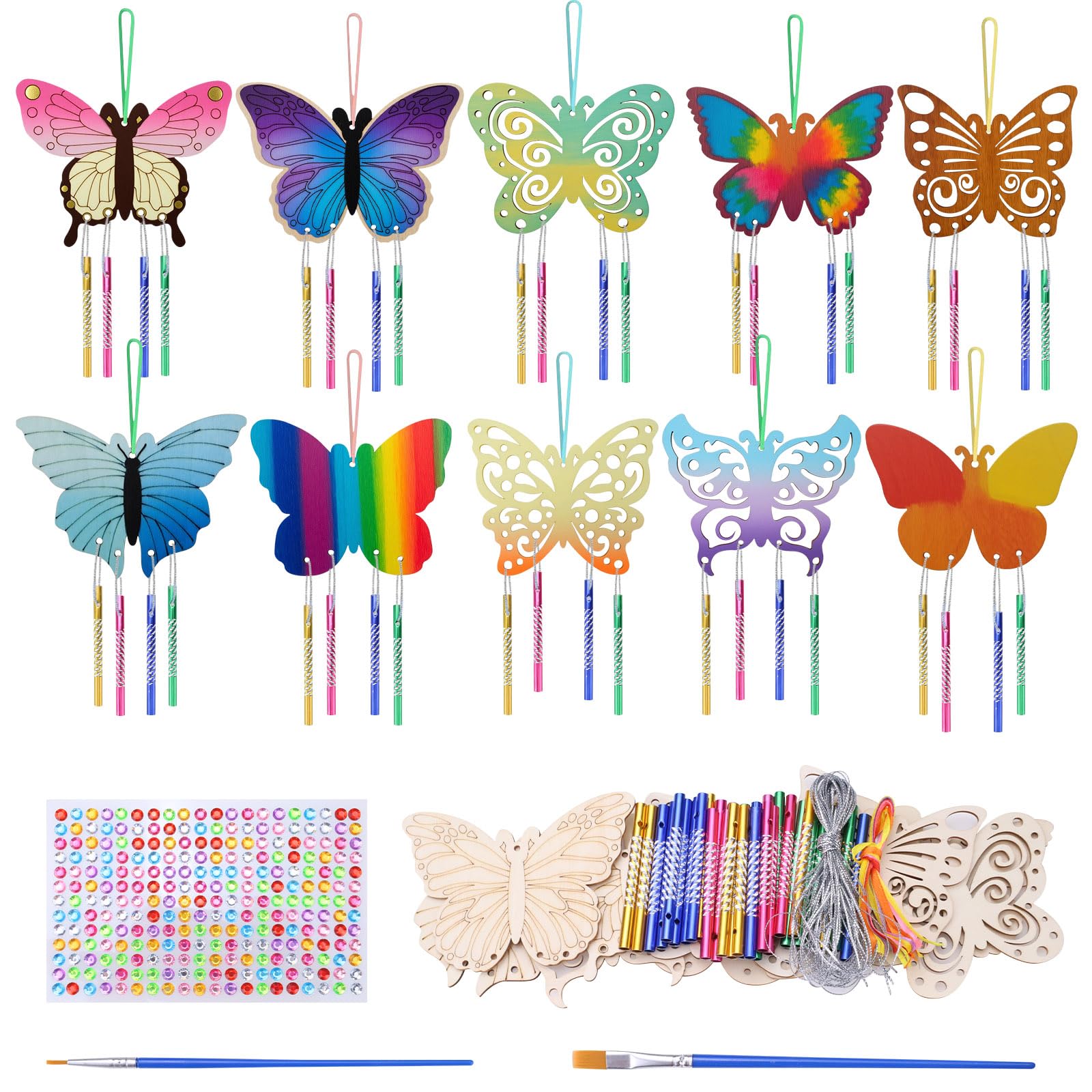Yitexin 10 Pack Butterfly DIY Wind Chime Kit, Make Your Own Wind Chime Parts, Hanging Windchime Kit Outdoor Coloring Wooden Art and Craft for Gift Birthday (Colorful)