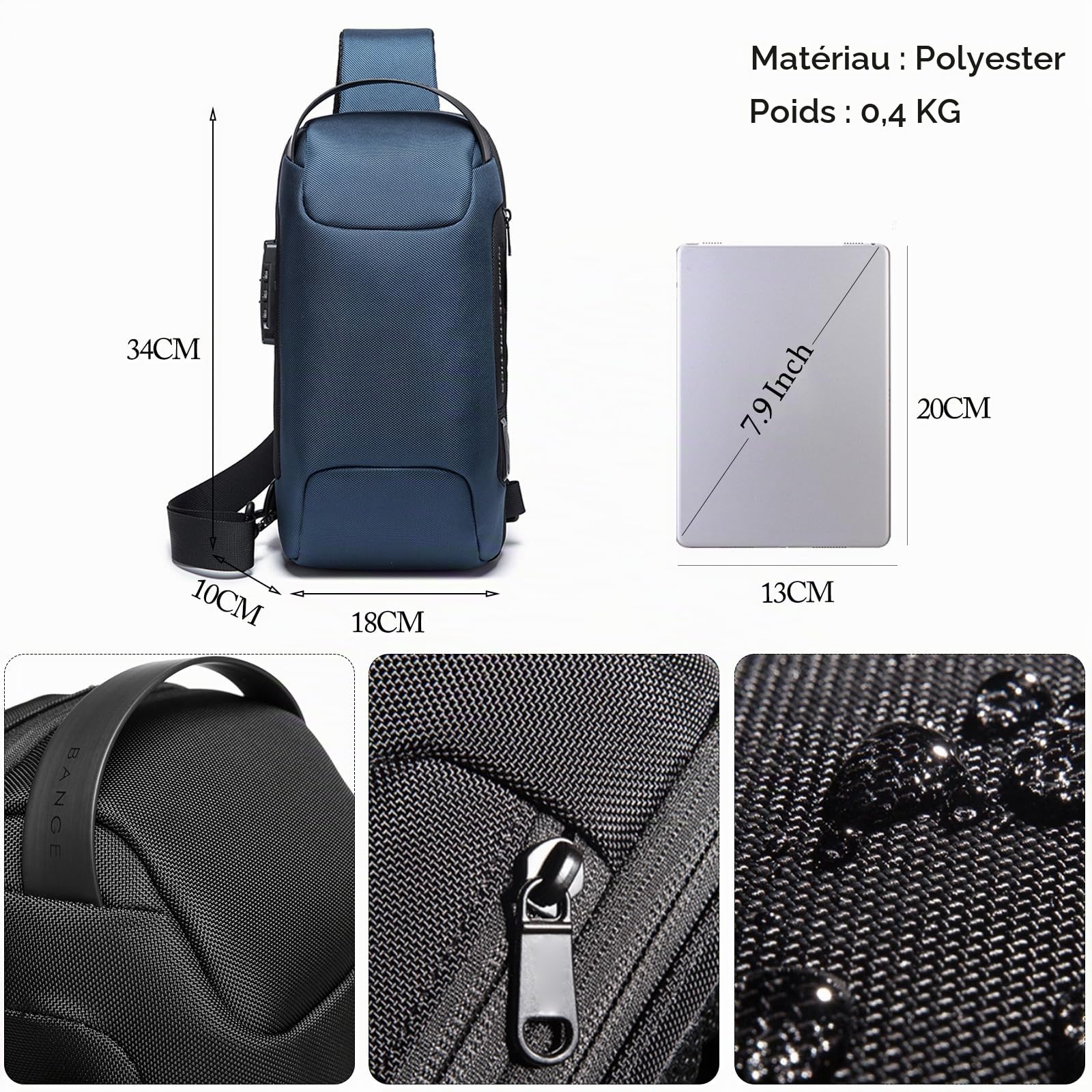 FANDARE Sac Bandoulière Anti-Vol pour Homme et Femme, Sac de Poitrine avec Port USB, Sac Crossbody Étanche, Sac à Dos Bandoulière pour Randonnée Vélo Course Voyage