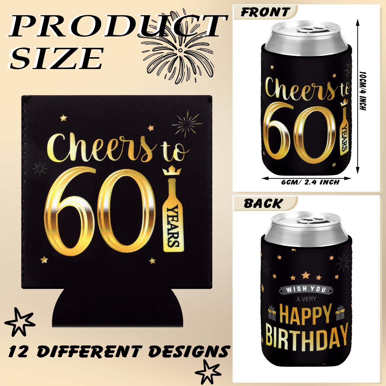 Umigy 24 Pcs 60th Birthday Party Favors Cheers and Beers to 60 Years Can Sleeves Vintage 60th Birthday Decoration Black and Gold Beverage Can Cooler Supplies for Men Women Guests Gifts
