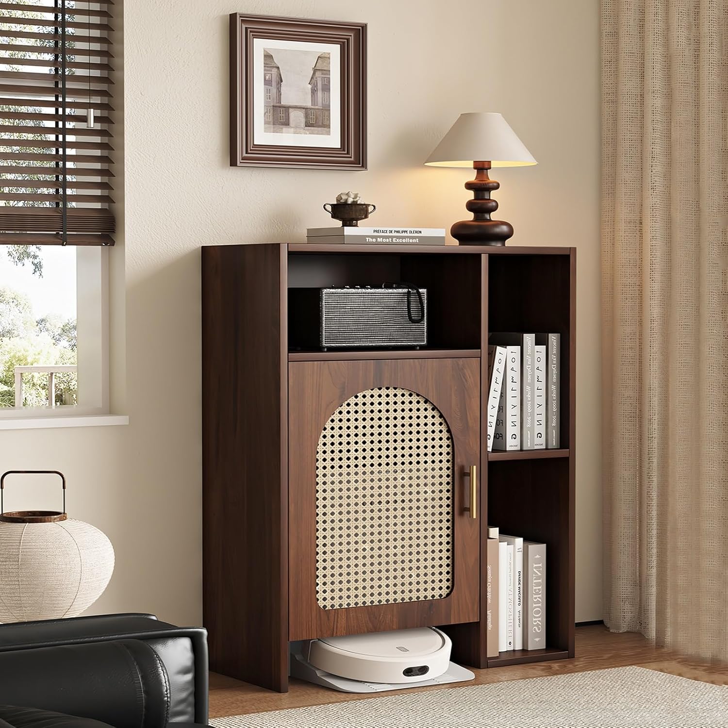 Wood Robot Vacuum Storage Cabinet, Hidden Sweeping Robot Organizer Rack with Door, Side Table for Dining Room, Kitchen, Home Office - Black, 40cm/15.7in