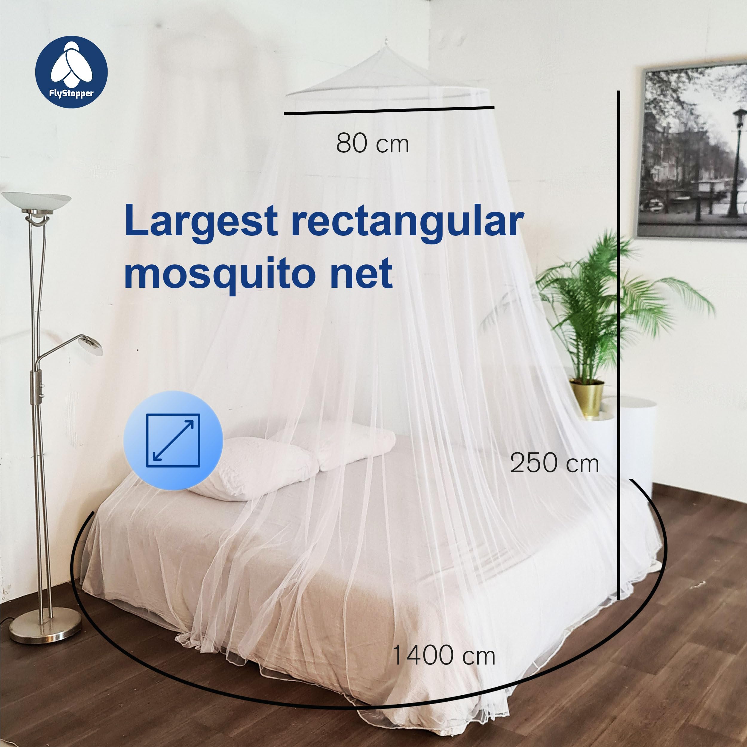 Zanzariera da viaggio XXL per letto matrimoniale con anello extra largo (80 cm), con cordino e borsa per il trasporto, antizanzare, letto a baldacchino 250 x 80 x 1400 cm