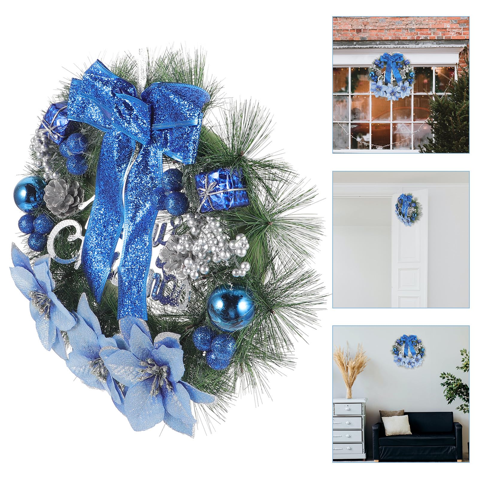 Housoutil Couronne de pin artificielle - Guirlande de Noël - Bleu - 39 cm | Couronne de pin de Noël à suspendre pour maison, mur, porte, décoration de fête