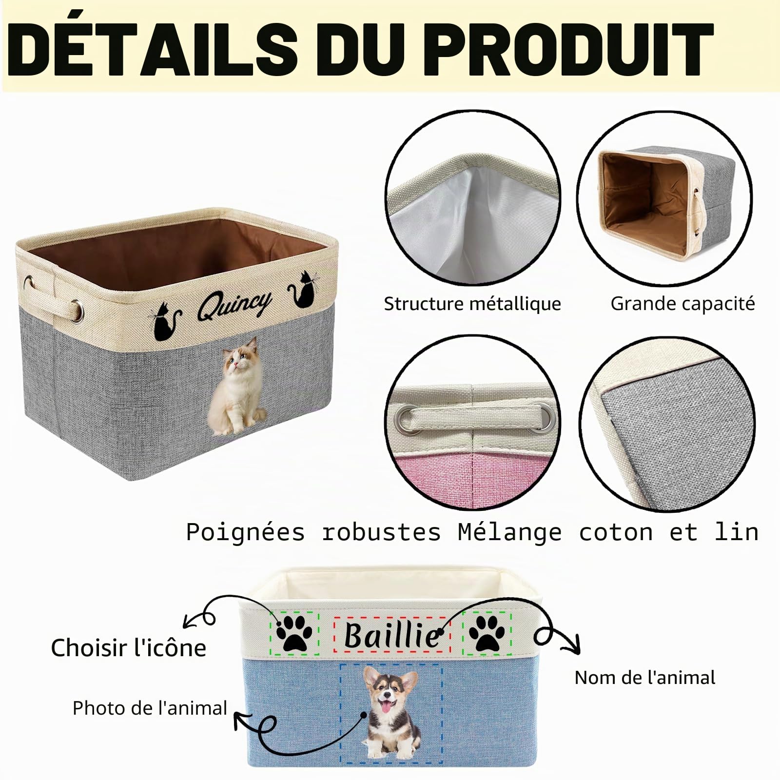 Panier de rangement personnalisé pour jouets pour animaux de compagnie – Organisateur de jouets personnalisé pour chien et chat avec nom, panier en tissu pliable et durable pour fournitures